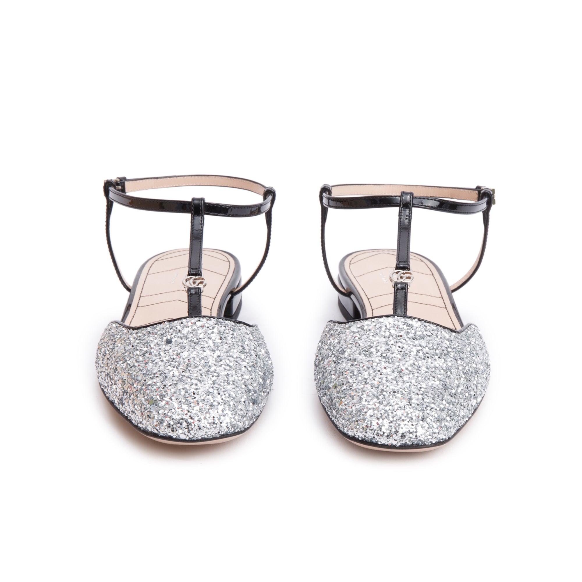 Gucci Black Patent Leather Silver Glitter Double G Logo Slingback Ballet Flats, Size 39.5 w/ Box