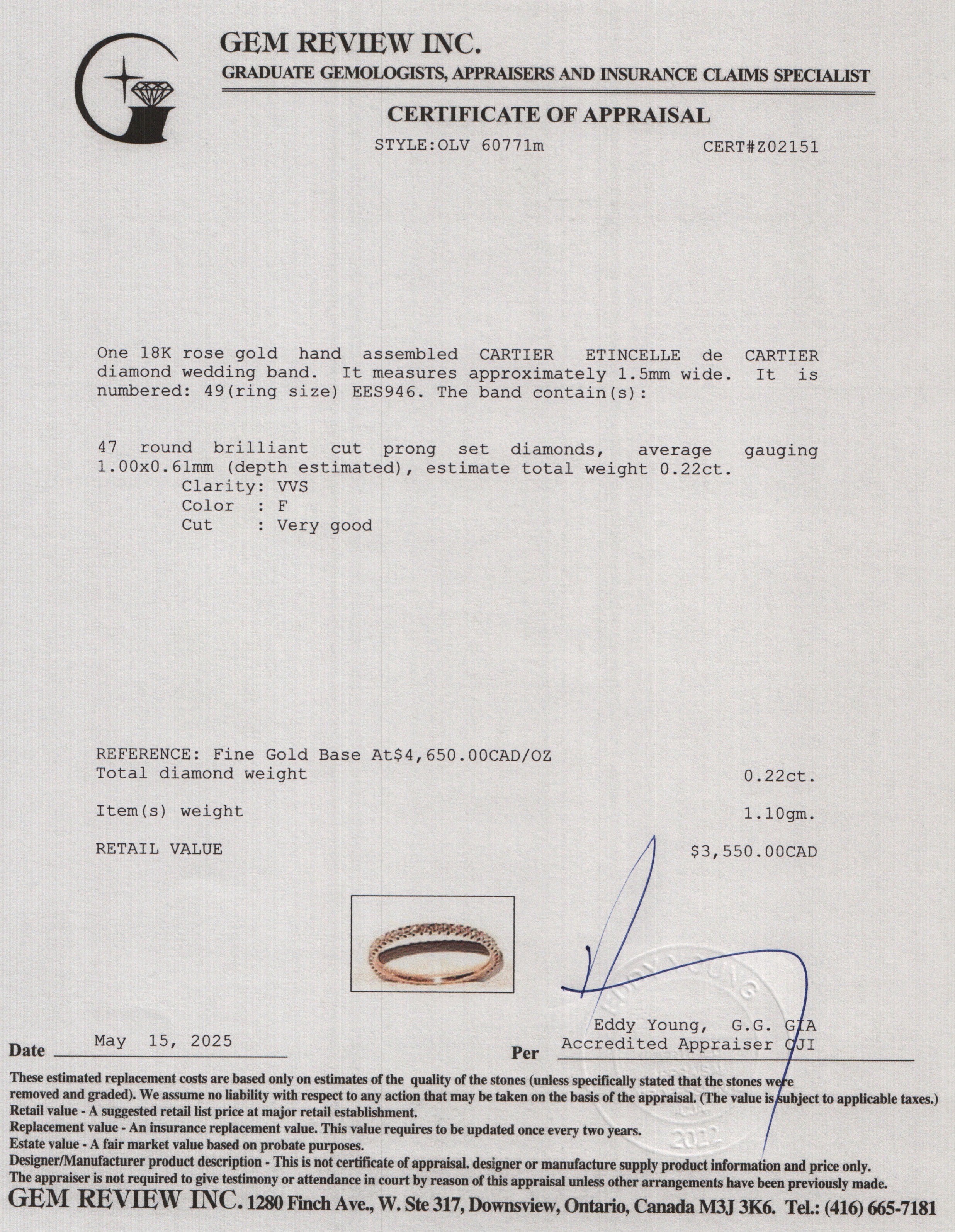Cartier 18k Rose Gold Etincelle de Cartier Diamond Wedding Band Ring, Size 49 4.75 w/ Box & Certificate