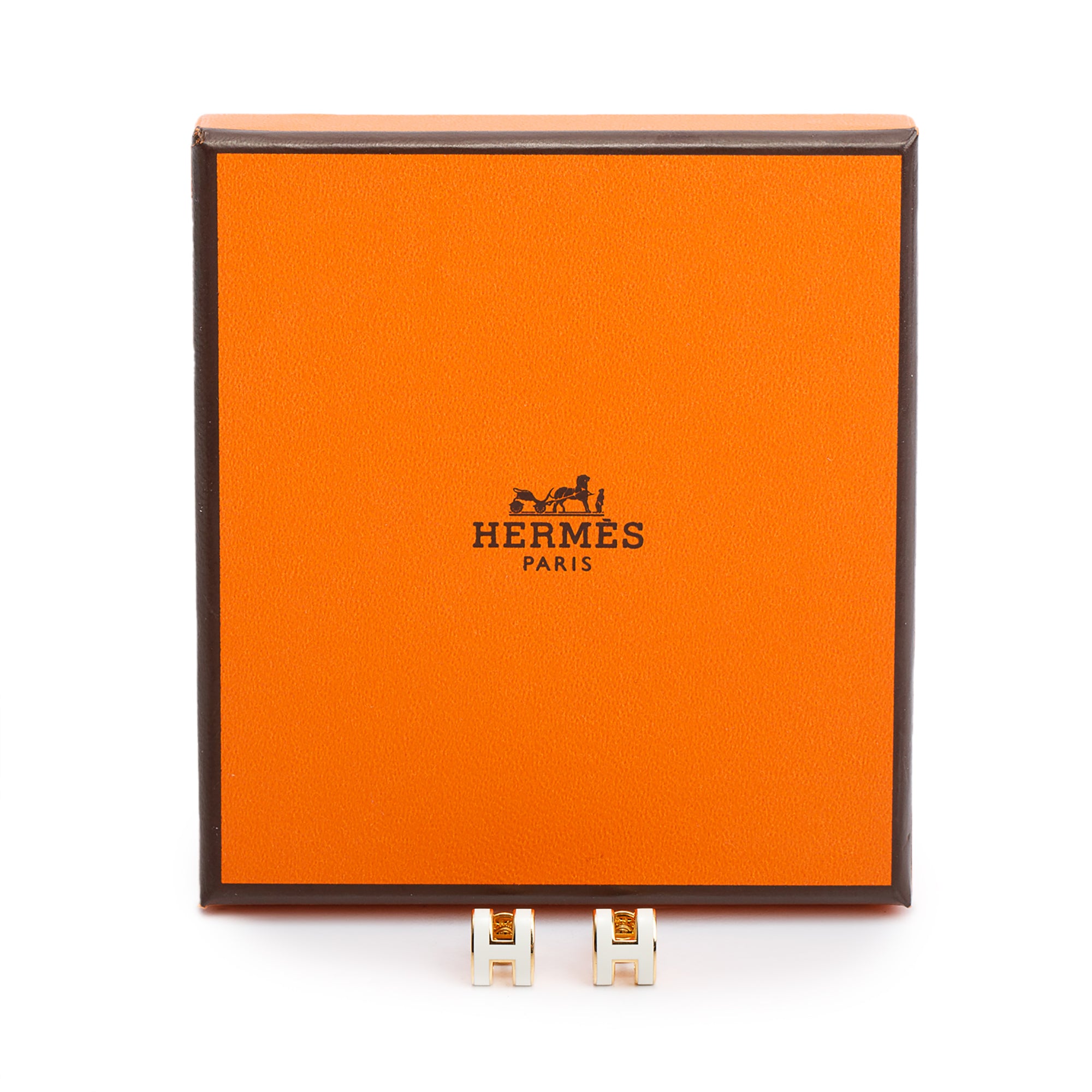 Hermes Gold Plated White Lacquered Mini Pop H Earrings w/ Box