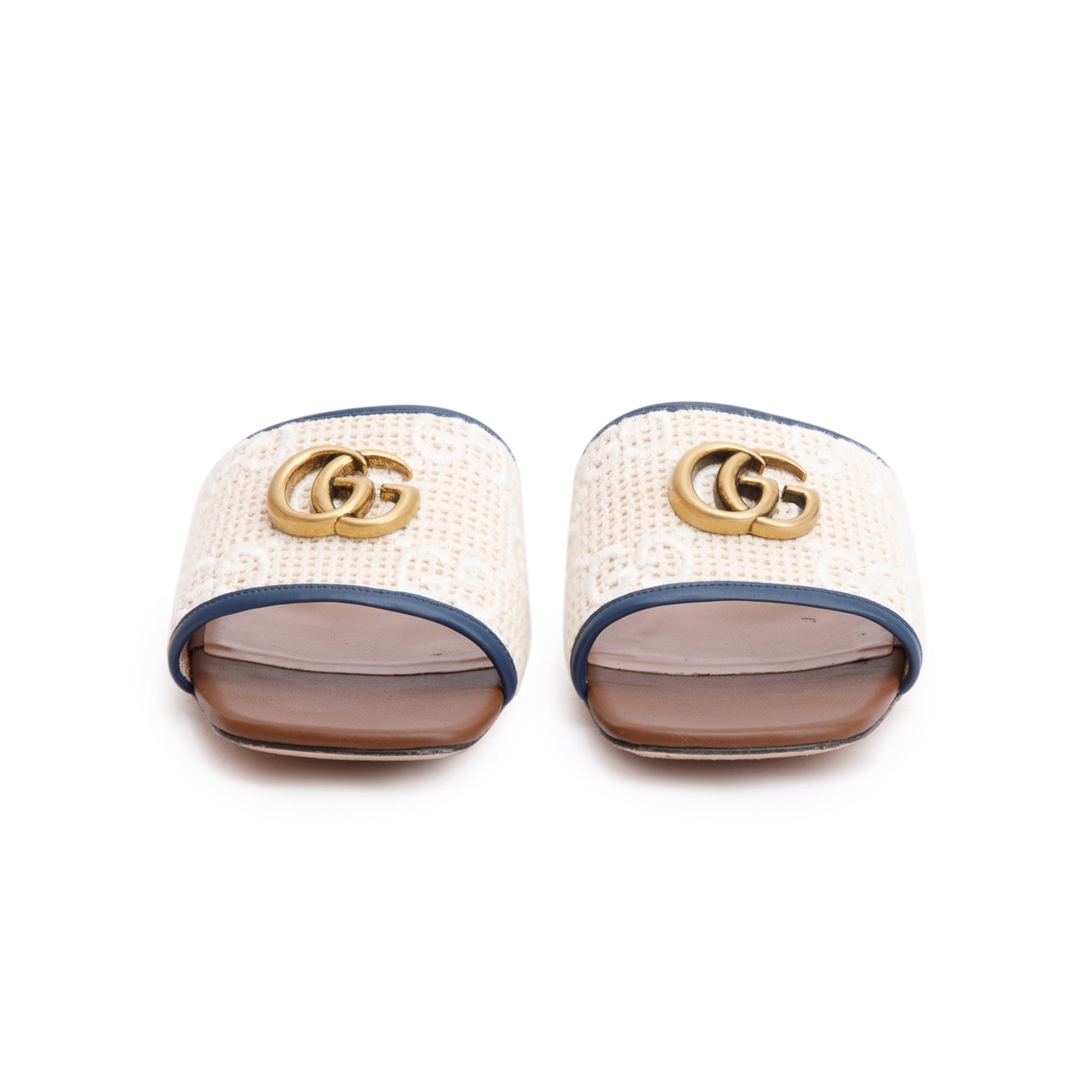 Gucci Leather Trimmed Crochet Raffia Double G Logo Slide Sandals, Size 39.5 w/ Box