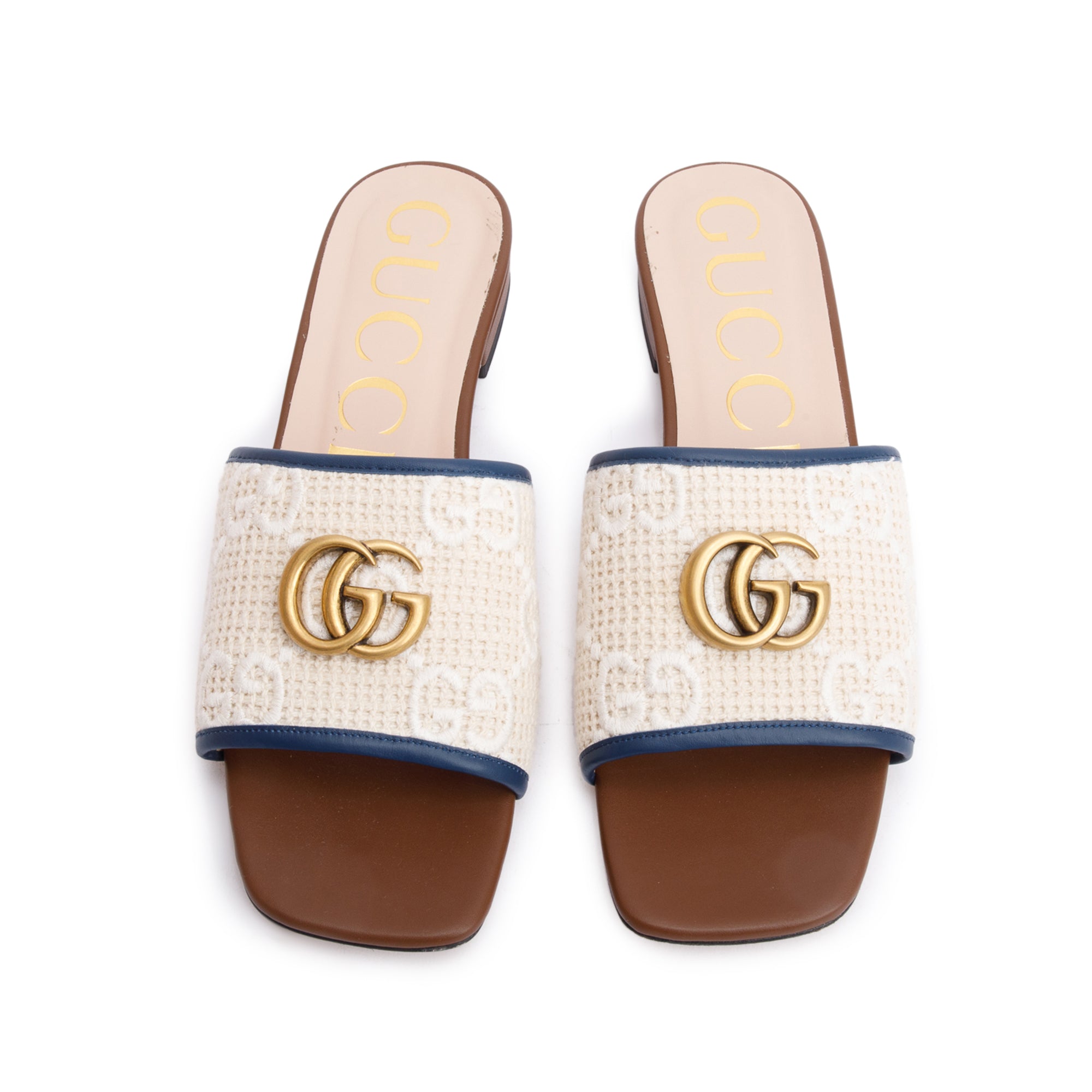 Gucci Leather Trimmed Crochet Raffia Double G Logo Slide Sandals, Size 39.5 w/ Box