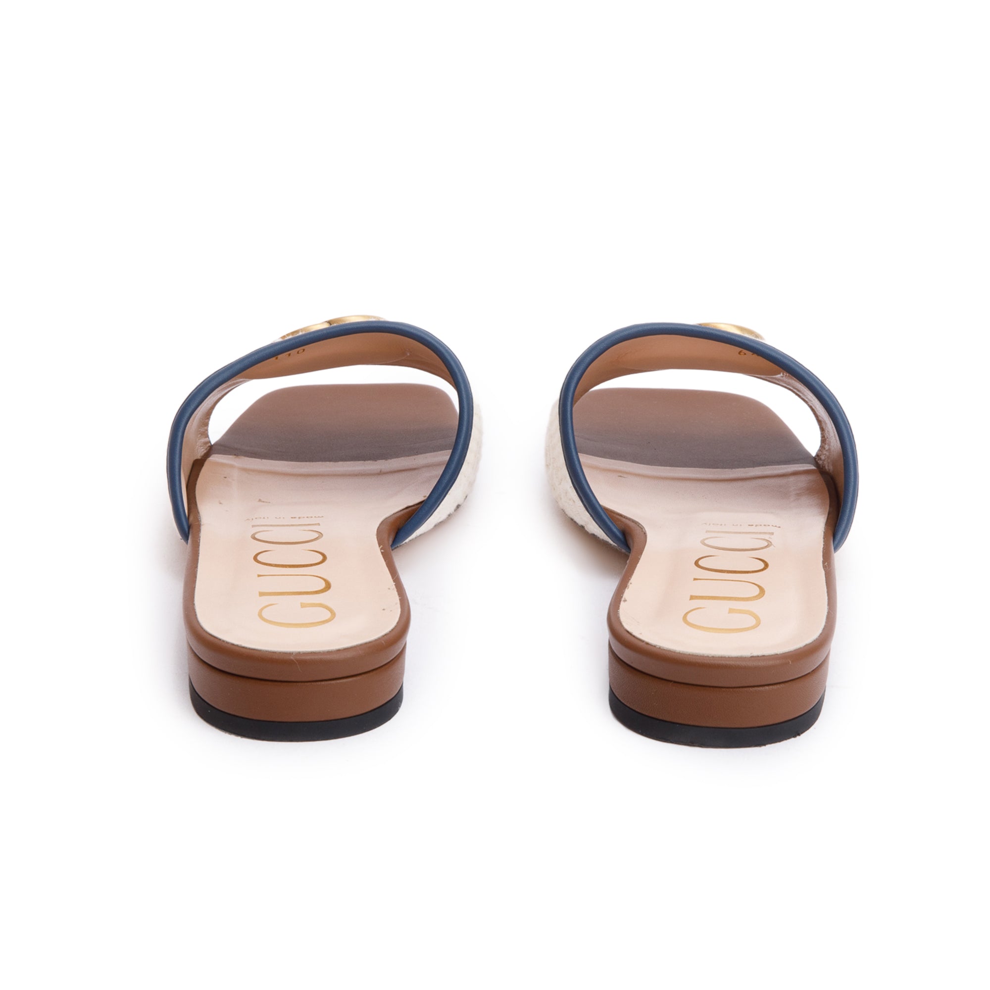 Gucci Leather Trimmed Crochet Raffia Double G Logo Slide Sandals, Size 39.5 w/ Box