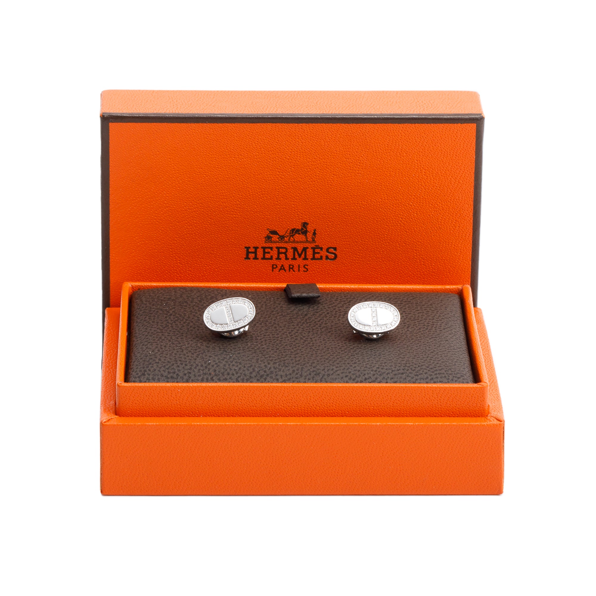 Hermes 18k White Gold Diamond Chaine D'Ancre Contour Stud Earrings w/ Box