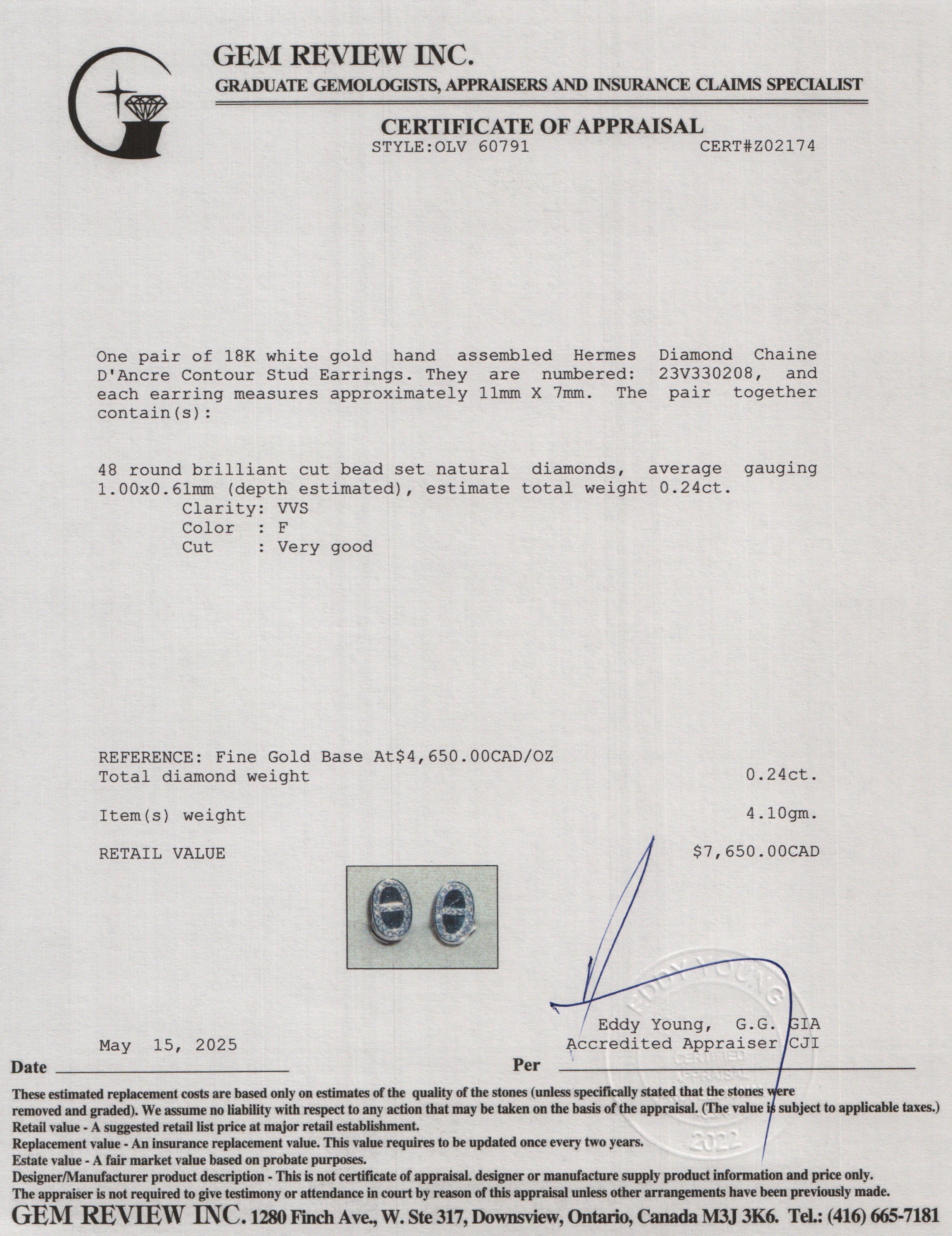 Hermes 18k White Gold Diamond Chaine D'Ancre Contour Stud Earrings w/ Box