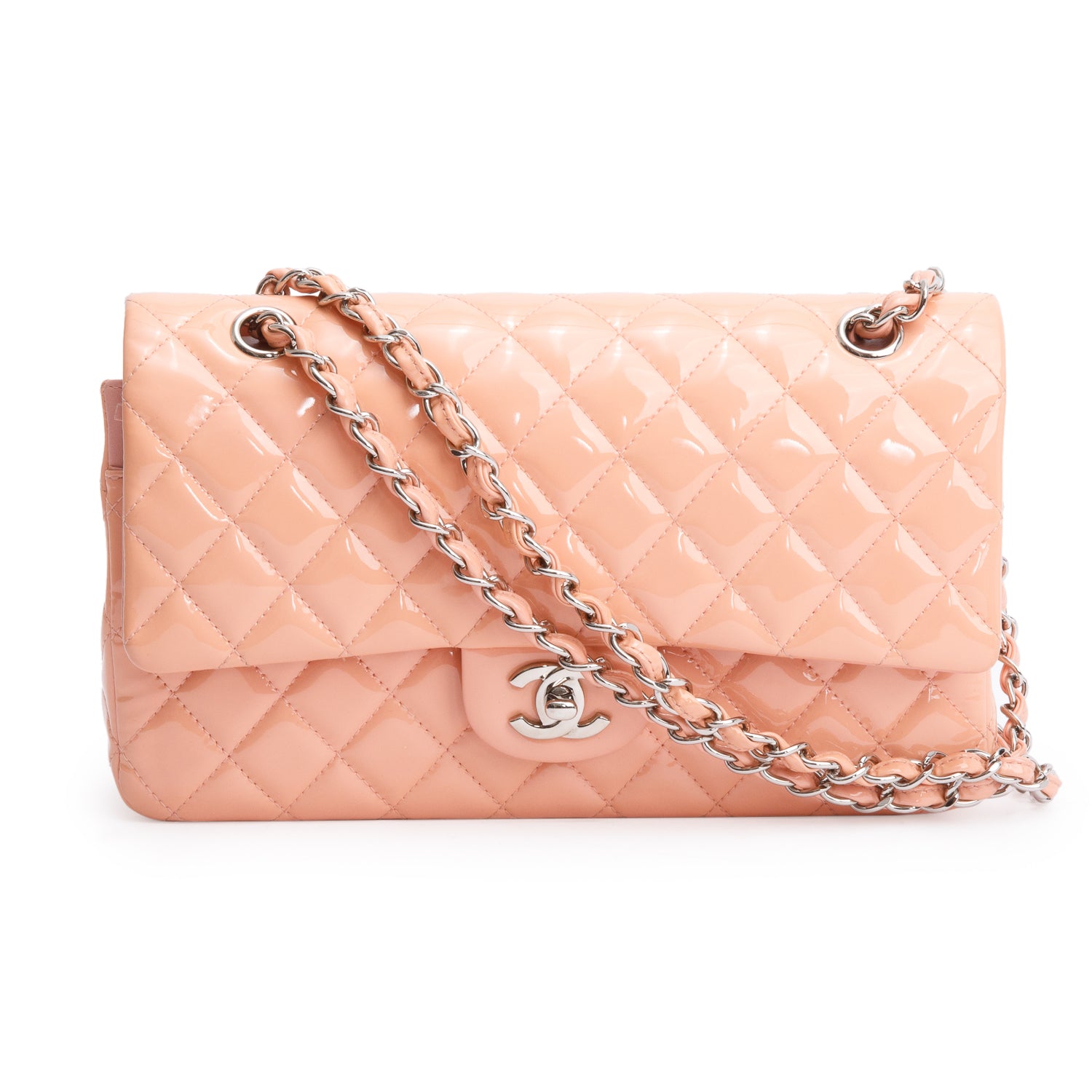 Chanel Peach Quilted Patent Leather Classic Medium Double Flap Bag w/ Box