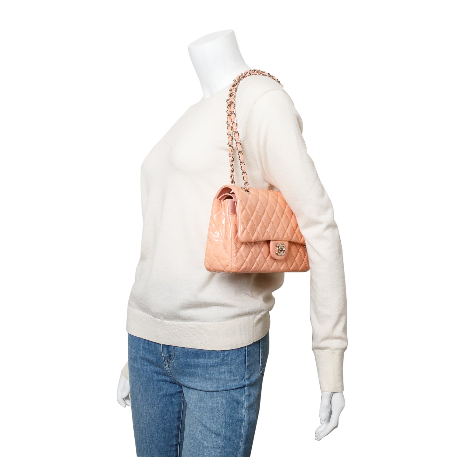 Chanel Peach Quilted Patent Leather Classic Medium Double Flap Bag w/ Box