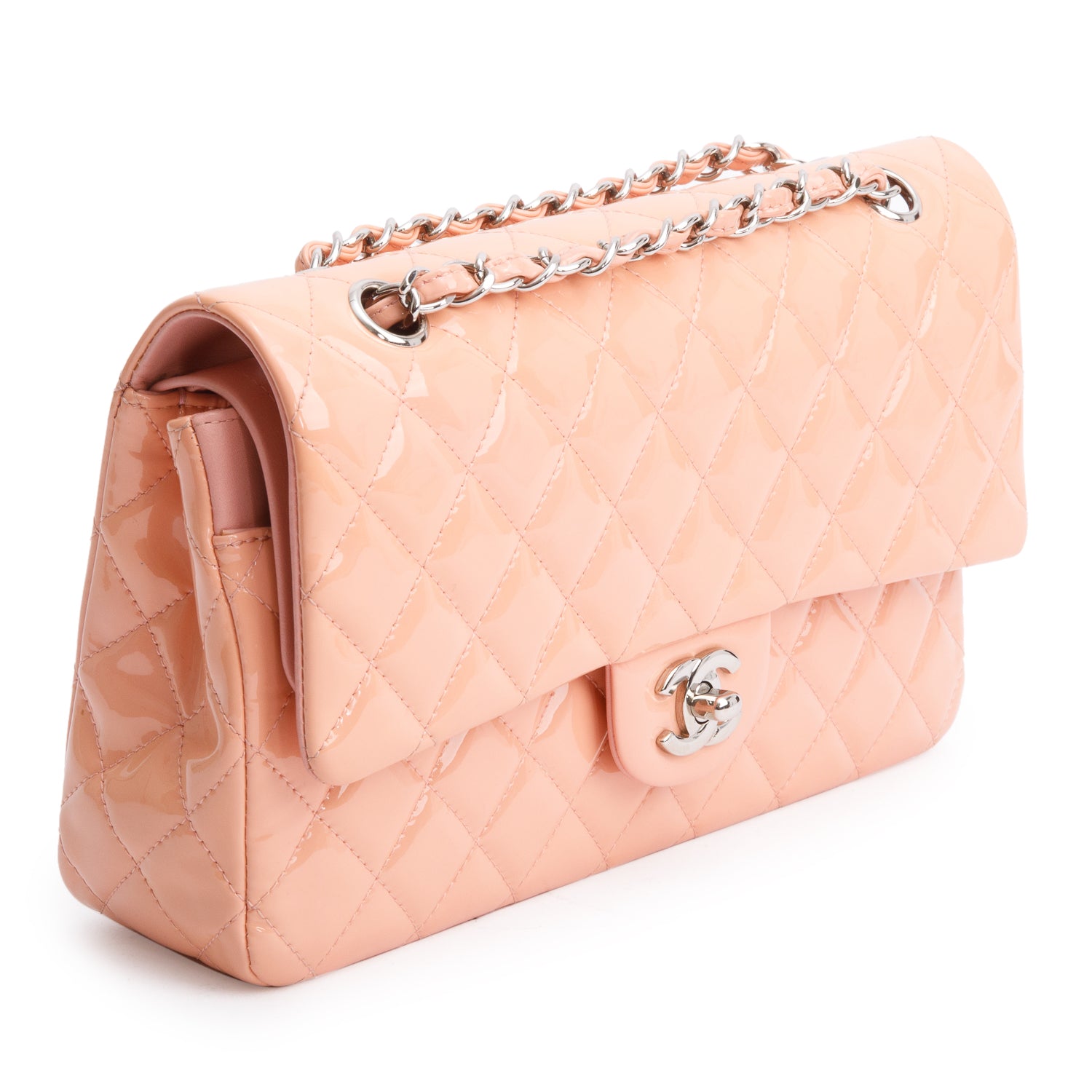 Chanel Peach Quilted Patent Leather Classic Medium Double Flap Bag w/ Box