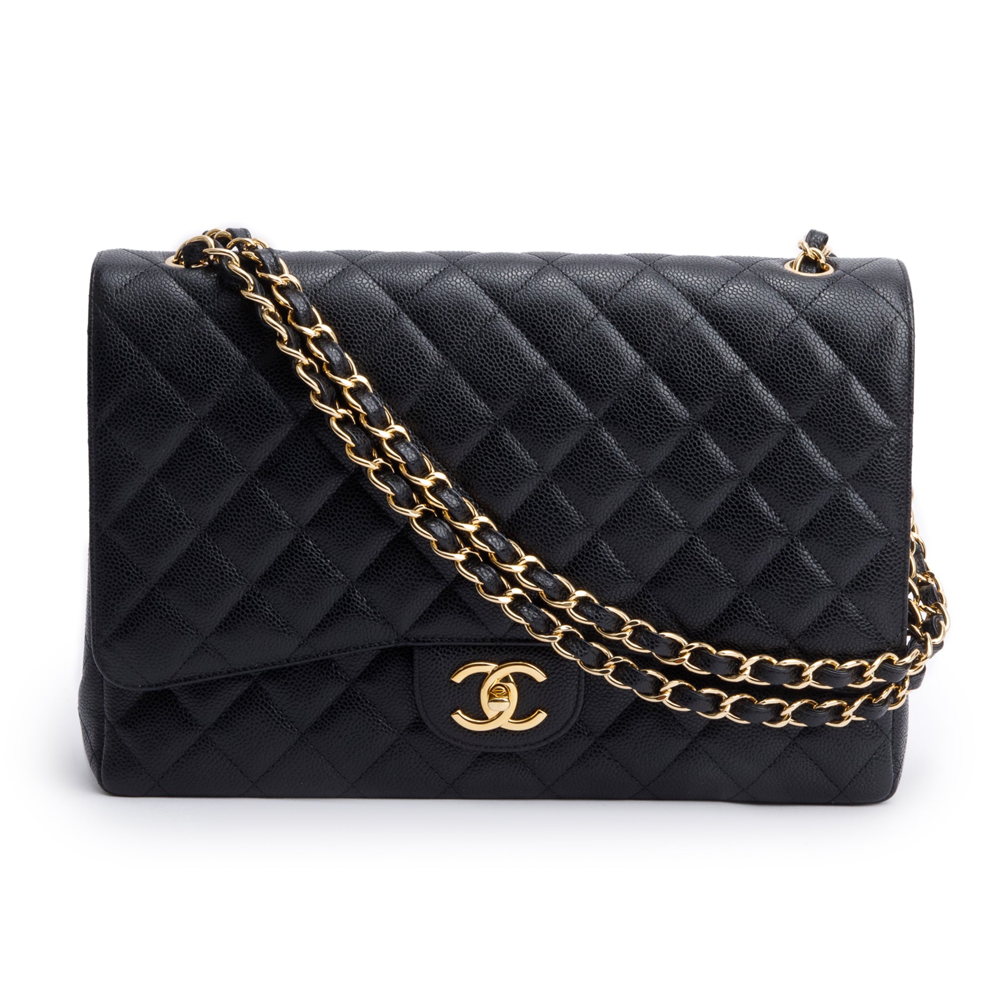 Chanel Black Quilted Caviar Leather Classic Maxi Double Flap Bag w/ Authenticity Card