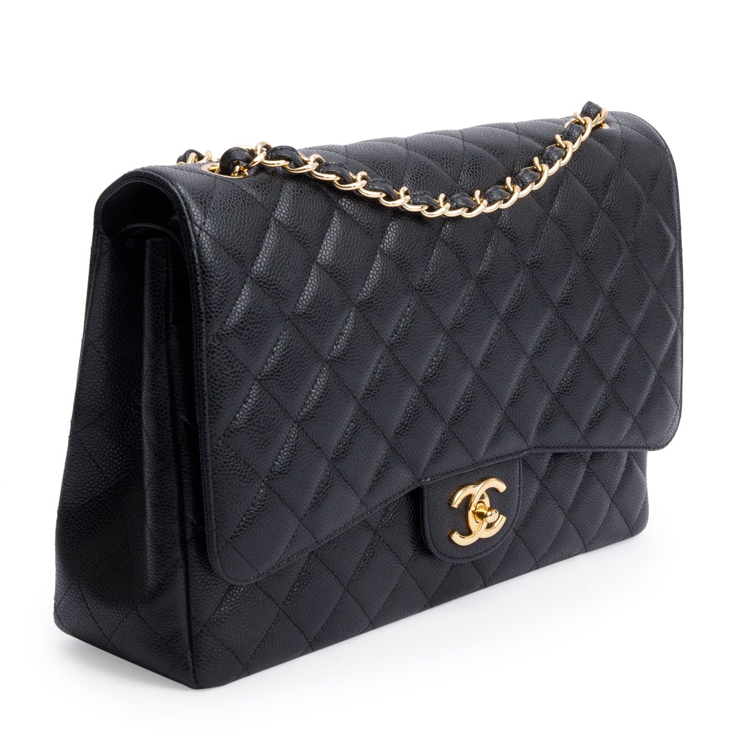 Chanel Black Quilted Caviar Leather Classic Maxi Double Flap Bag w/ Authenticity Card
