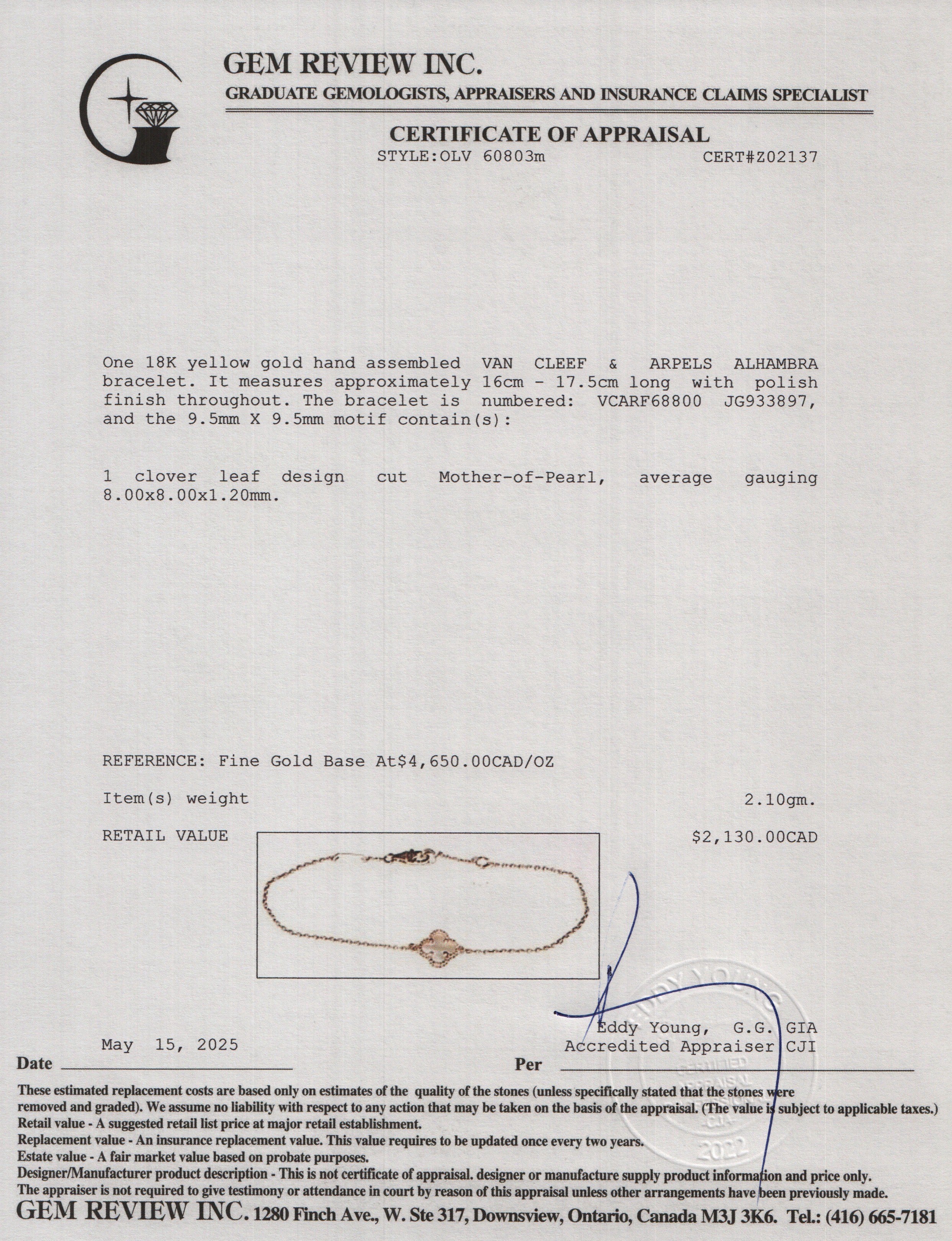 Van Cleef & Arpels 2024 18k Yellow Gold Sweet Alhambra 1 Motif Mother of Pearl Bracelet w/ Box & Certificate