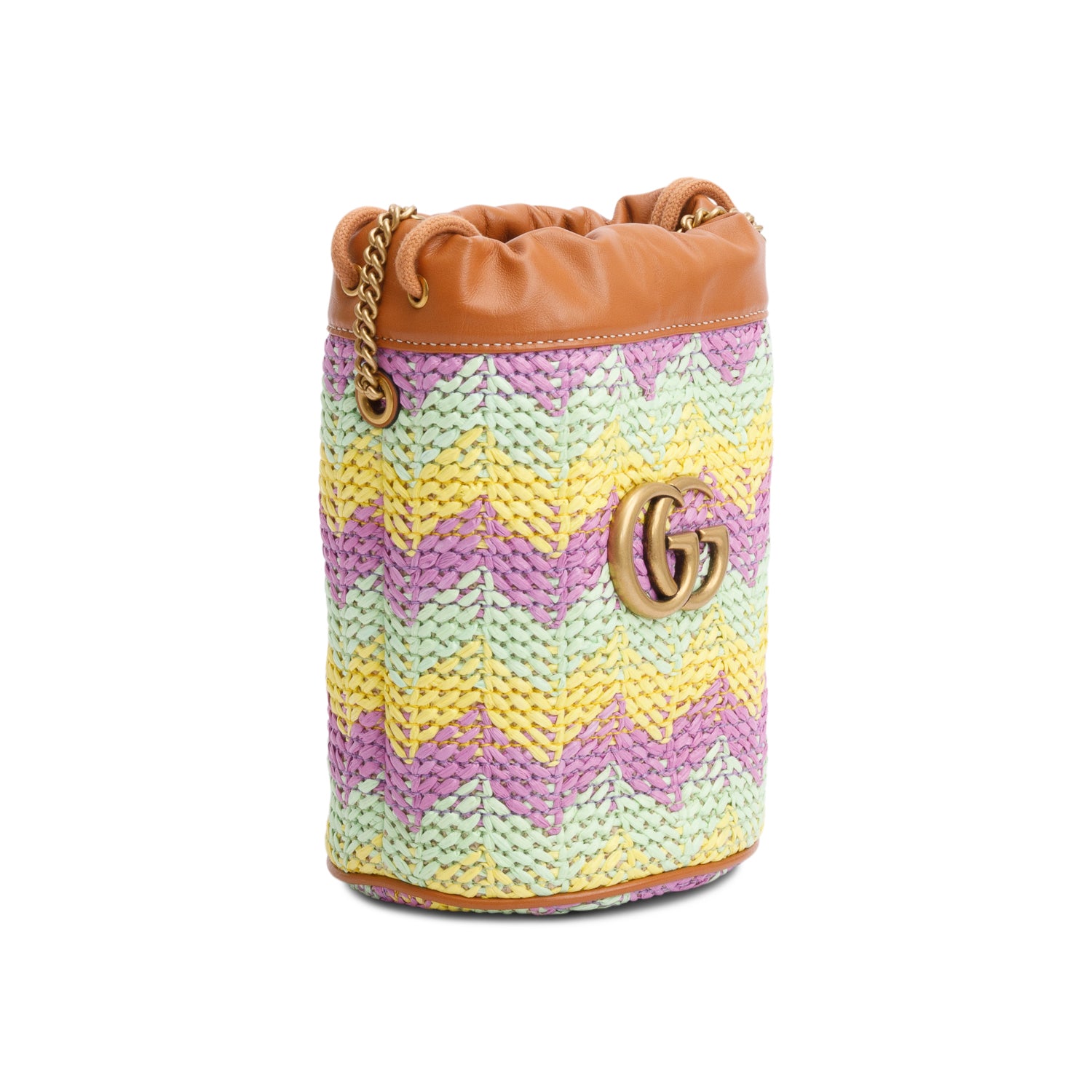 Gucci Brown Leather Multicolor Chevron Knit Raffia GG Marmont Mini Bucket Bag