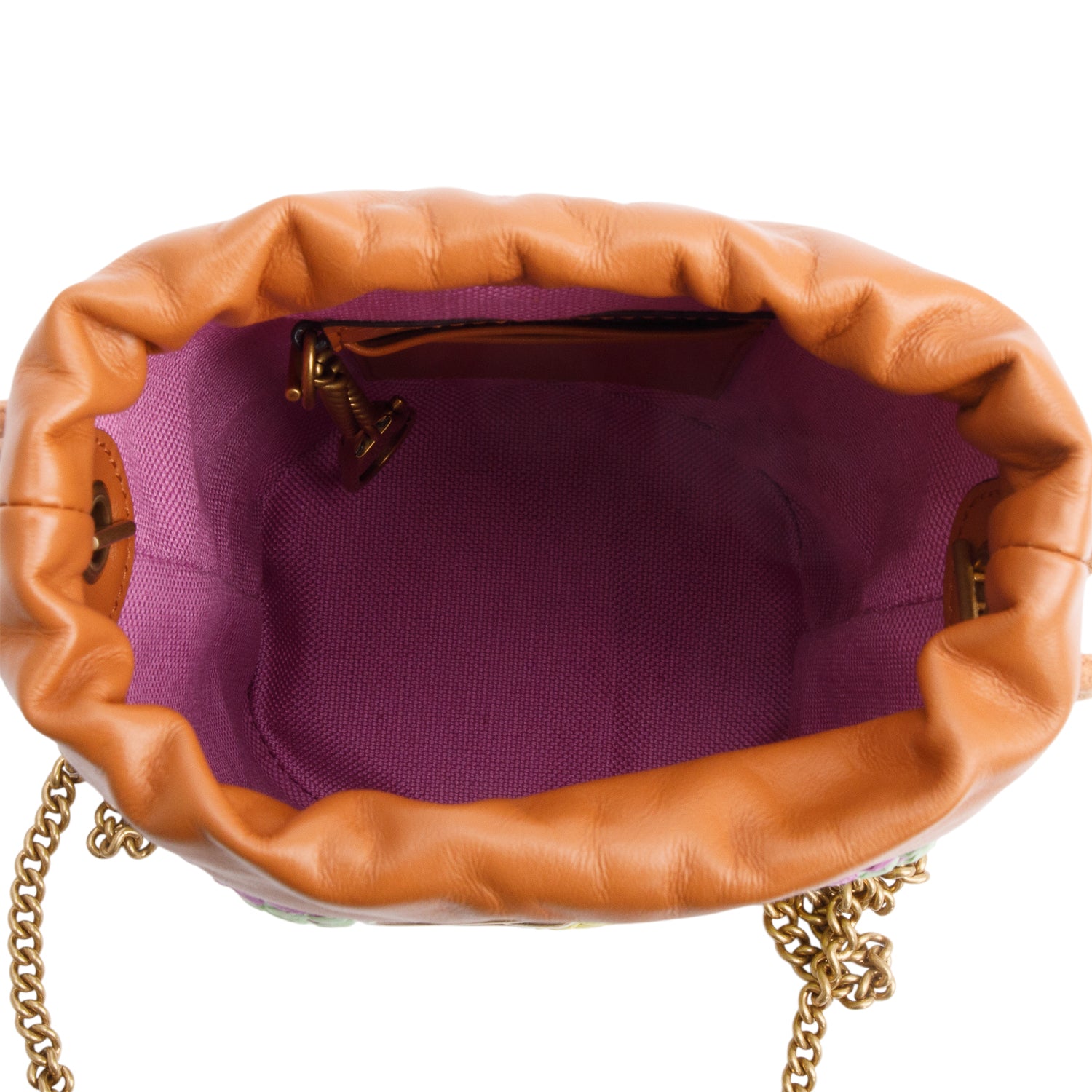 Gucci Brown Leather Multicolor Chevron Knit Raffia GG Marmont Mini Bucket Bag