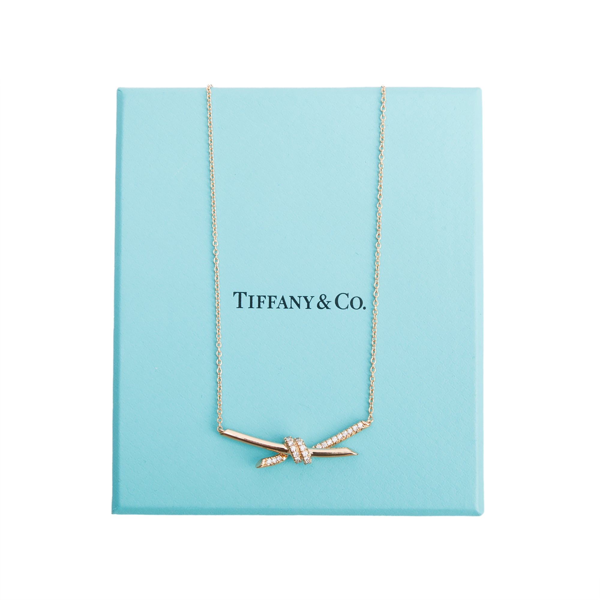 Tiffany & Co. 18k Rose Gold Diamond Knot Pendant Necklace w/ Box