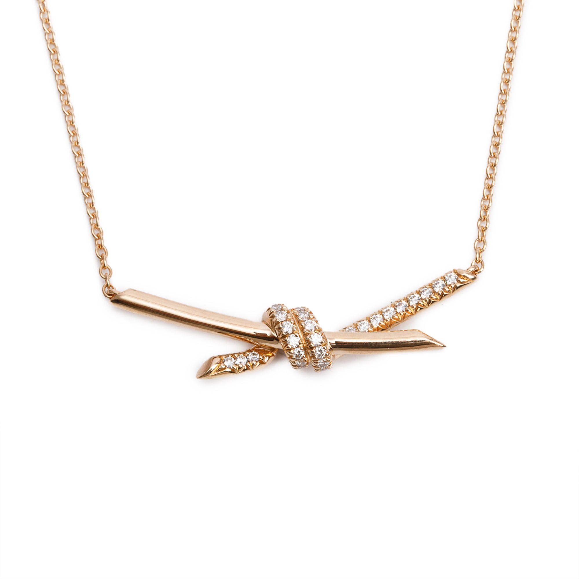 Tiffany & Co. 18k Rose Gold Diamond Knot Pendant Necklace w/ Box