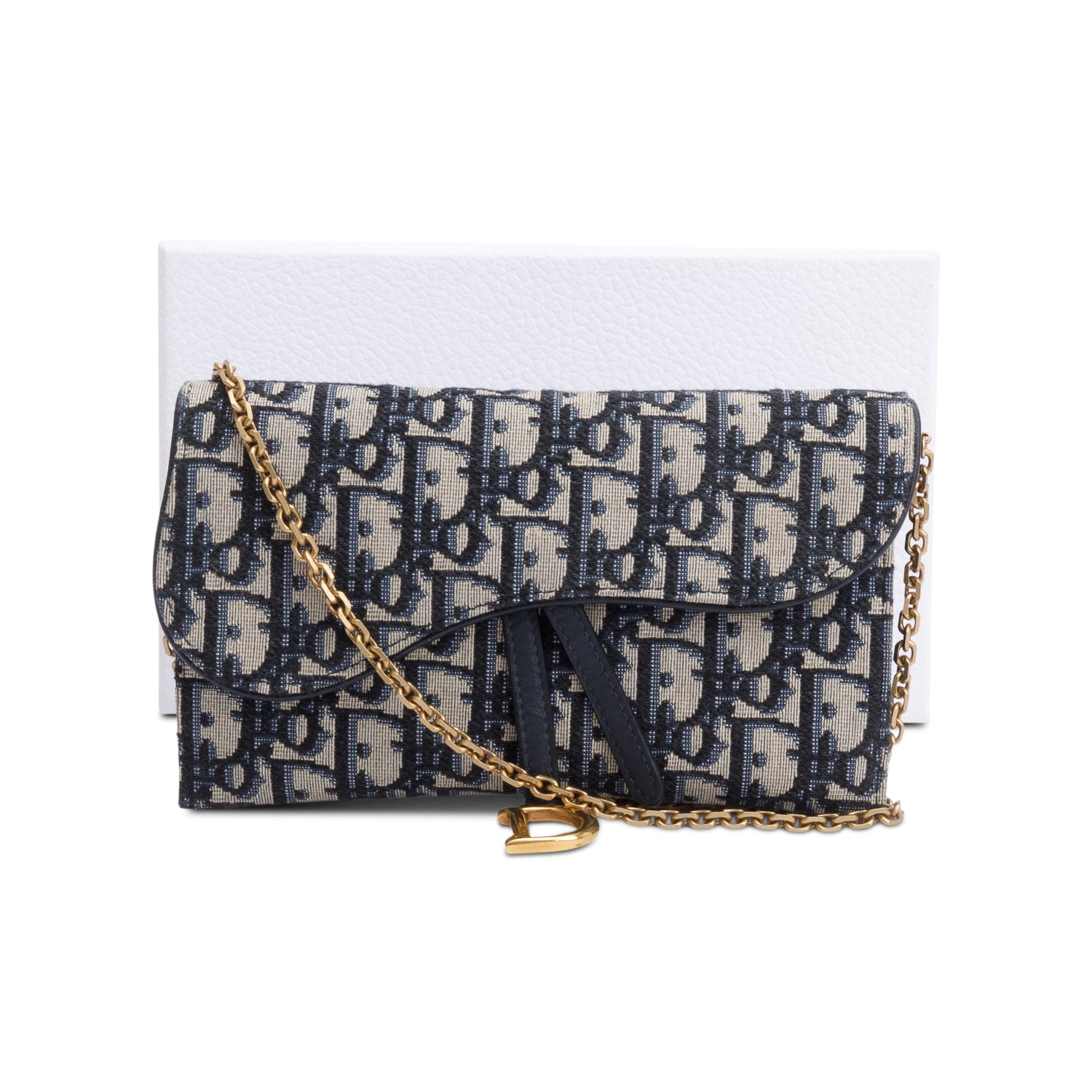 Christian Dior Oblique Jacquard Saddle Pouch with Chain w/ Box