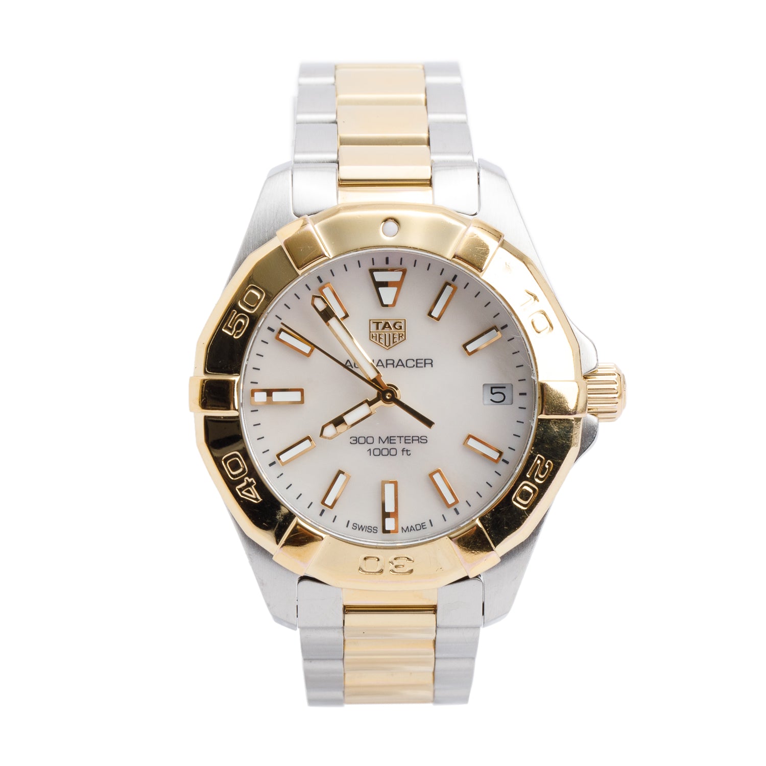 Tag Heuer Stainless Steel & Yellow Gold Plated Mother of Pearl Dial Aquaracer Date 32 MM Quartz Watch WBD1320