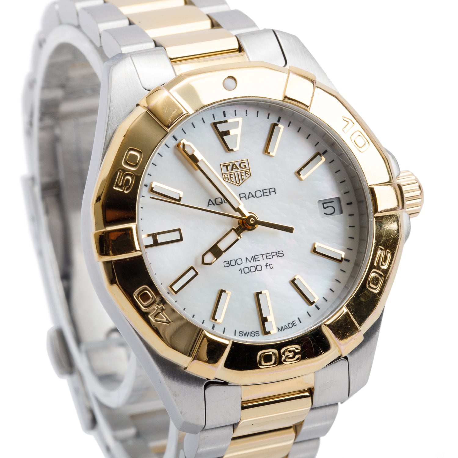 Tag Heuer Stainless Steel & Yellow Gold Plated Mother of Pearl Dial Aquaracer Date 32 MM Quartz Watch WBD1320