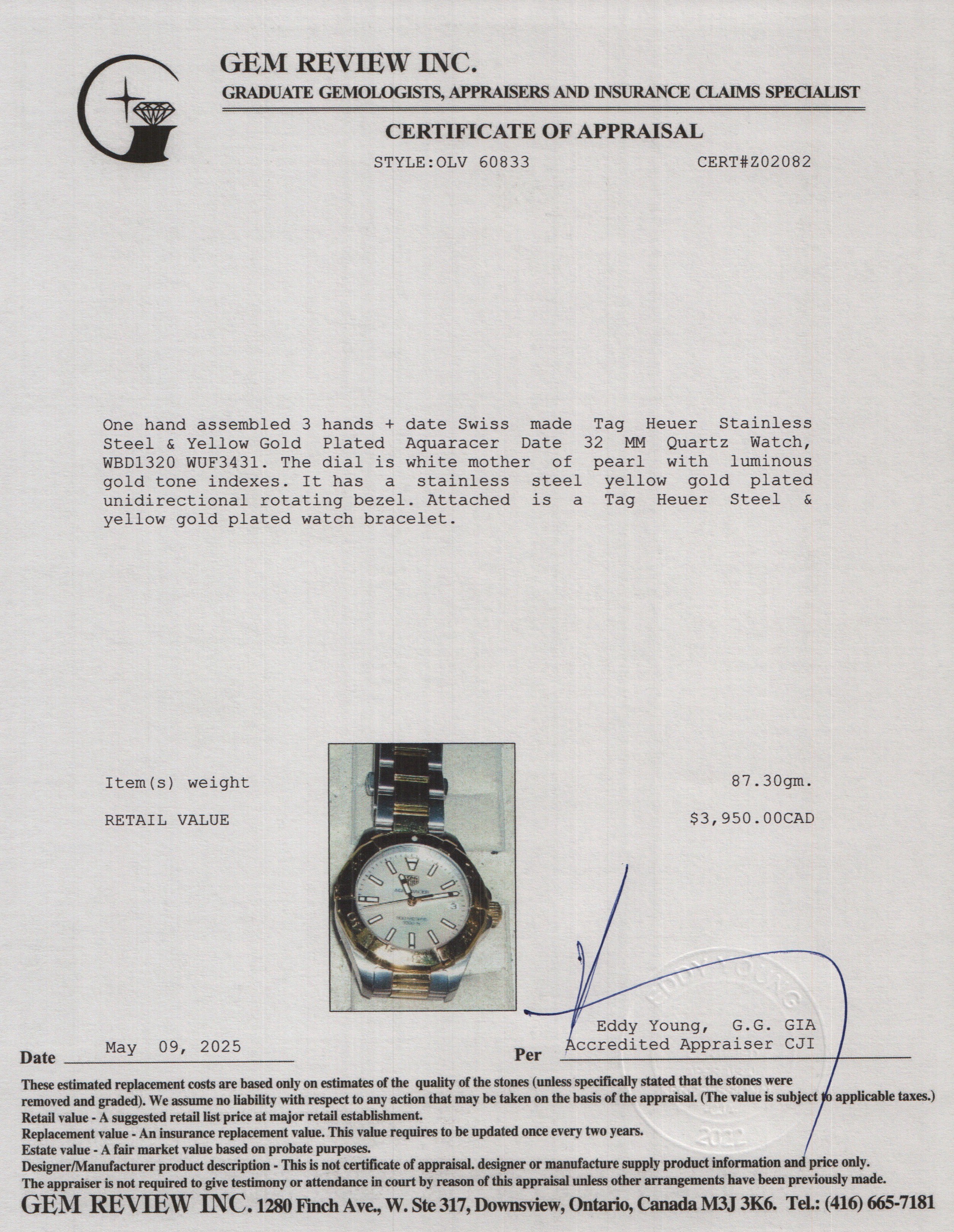 Tag Heuer Stainless Steel & Yellow Gold Plated Mother of Pearl Dial Aquaracer Date 32 MM Quartz Watch WBD1320