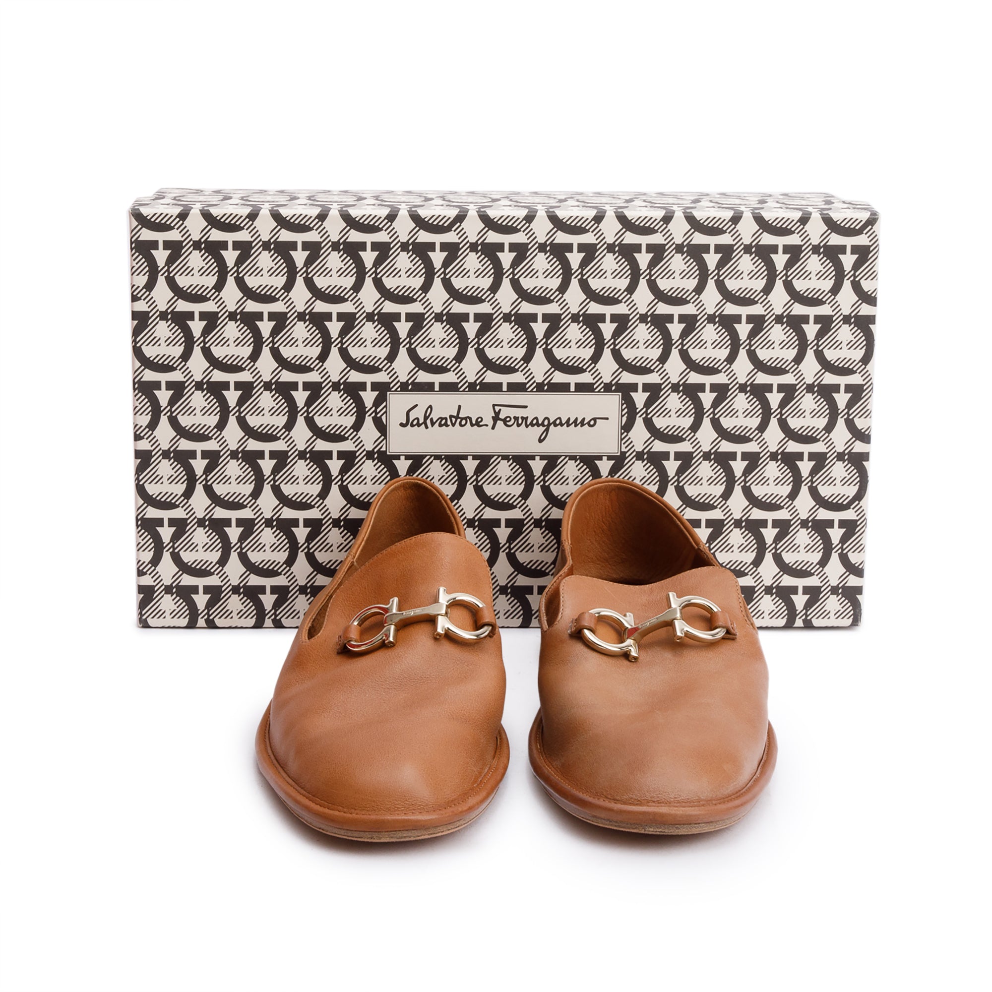 Salvatore Ferragamo Brown Leather Gancini Logo Accent Loafers, Size 36.5 w/ Box