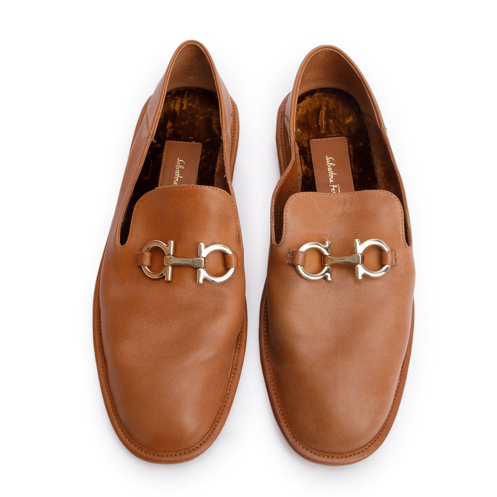 Salvatore Ferragamo Brown Leather Gancini Logo Accent Loafers, Size 36.5 w/ Box