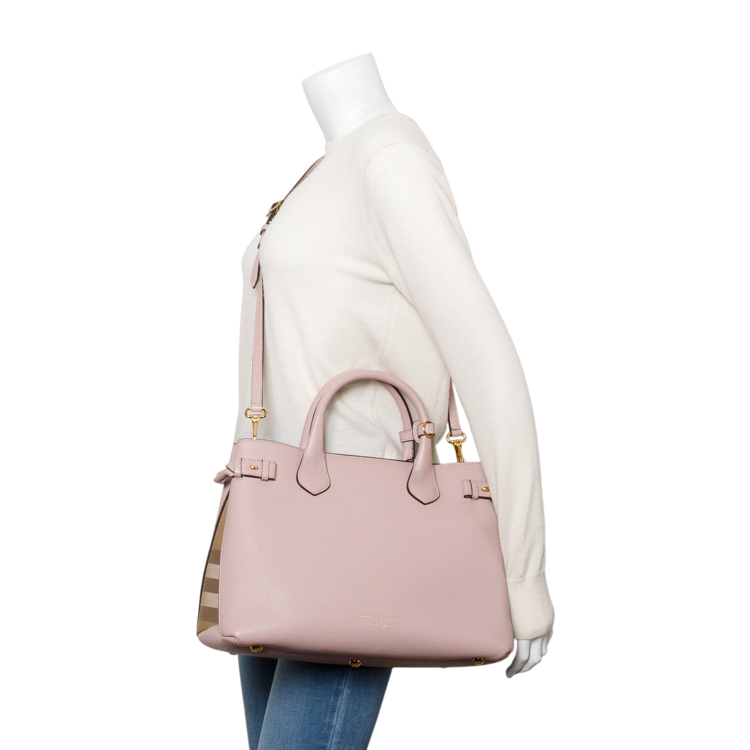 Burberry Pink Calfskin Leather House Check Medium Banner Tote w/ Strap