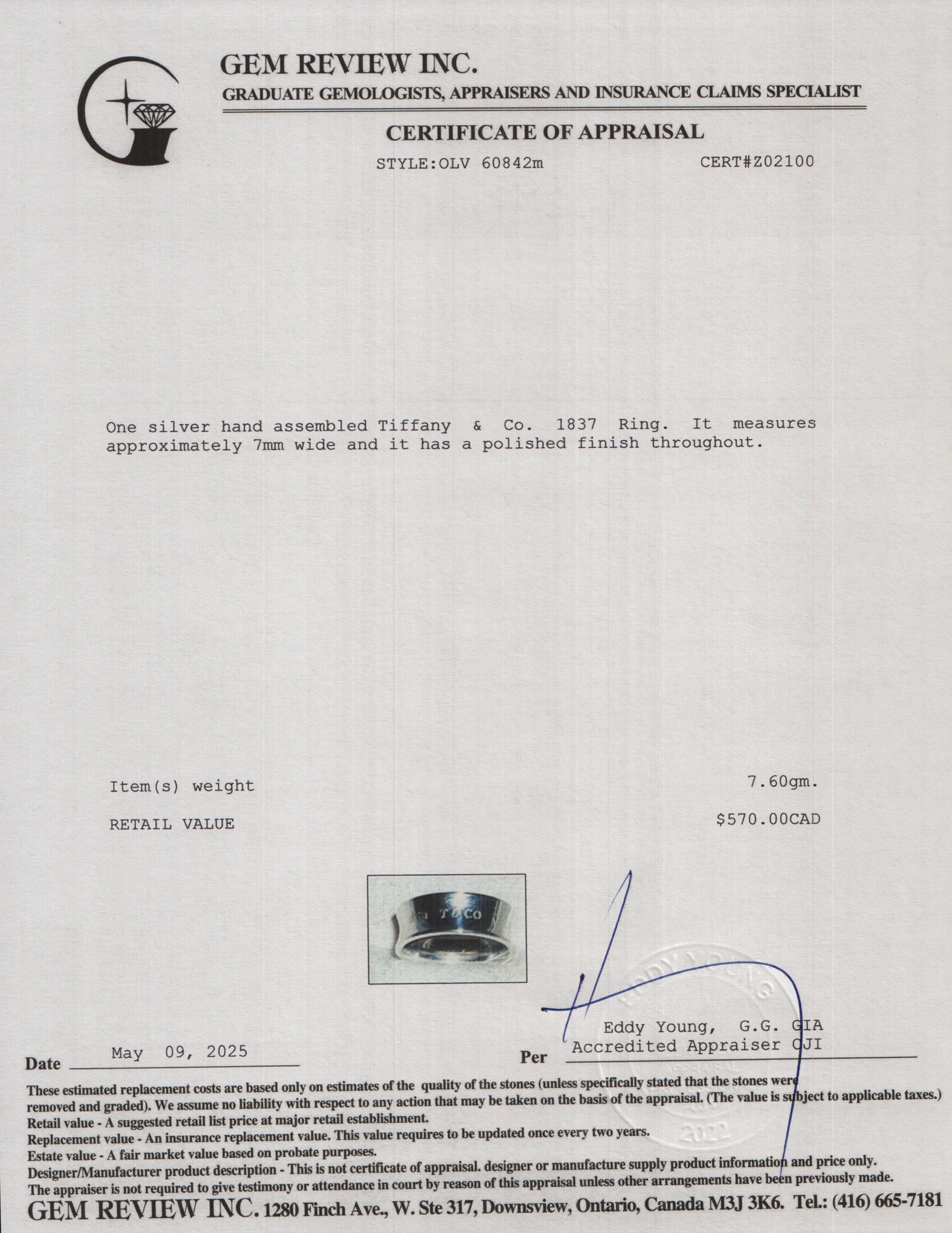 Tiffany & Co. Sterling Silver 1837 Ring, Size 6.25