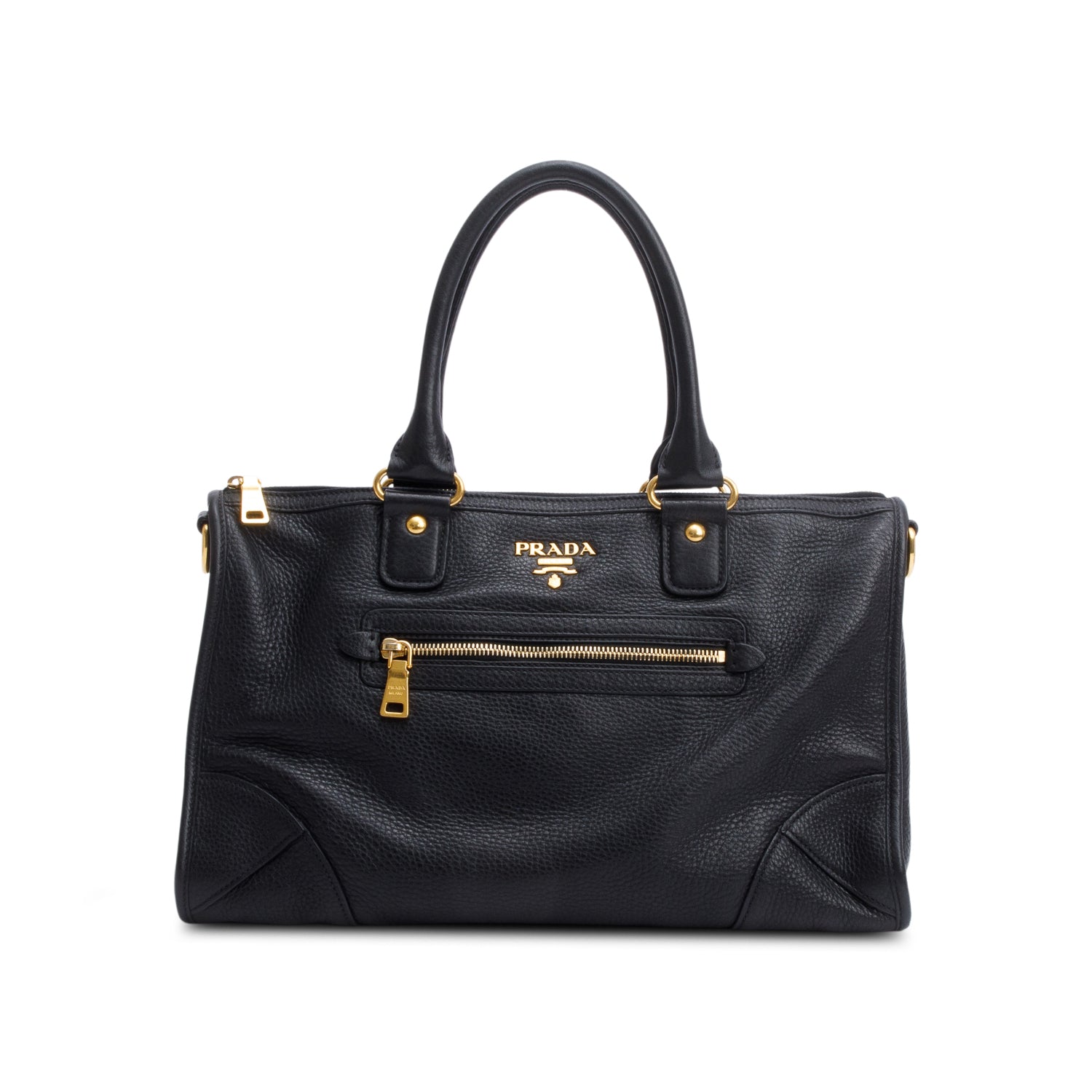 Prada Black Vitello Daino Leather Zip Convertible Tote w/ Strap