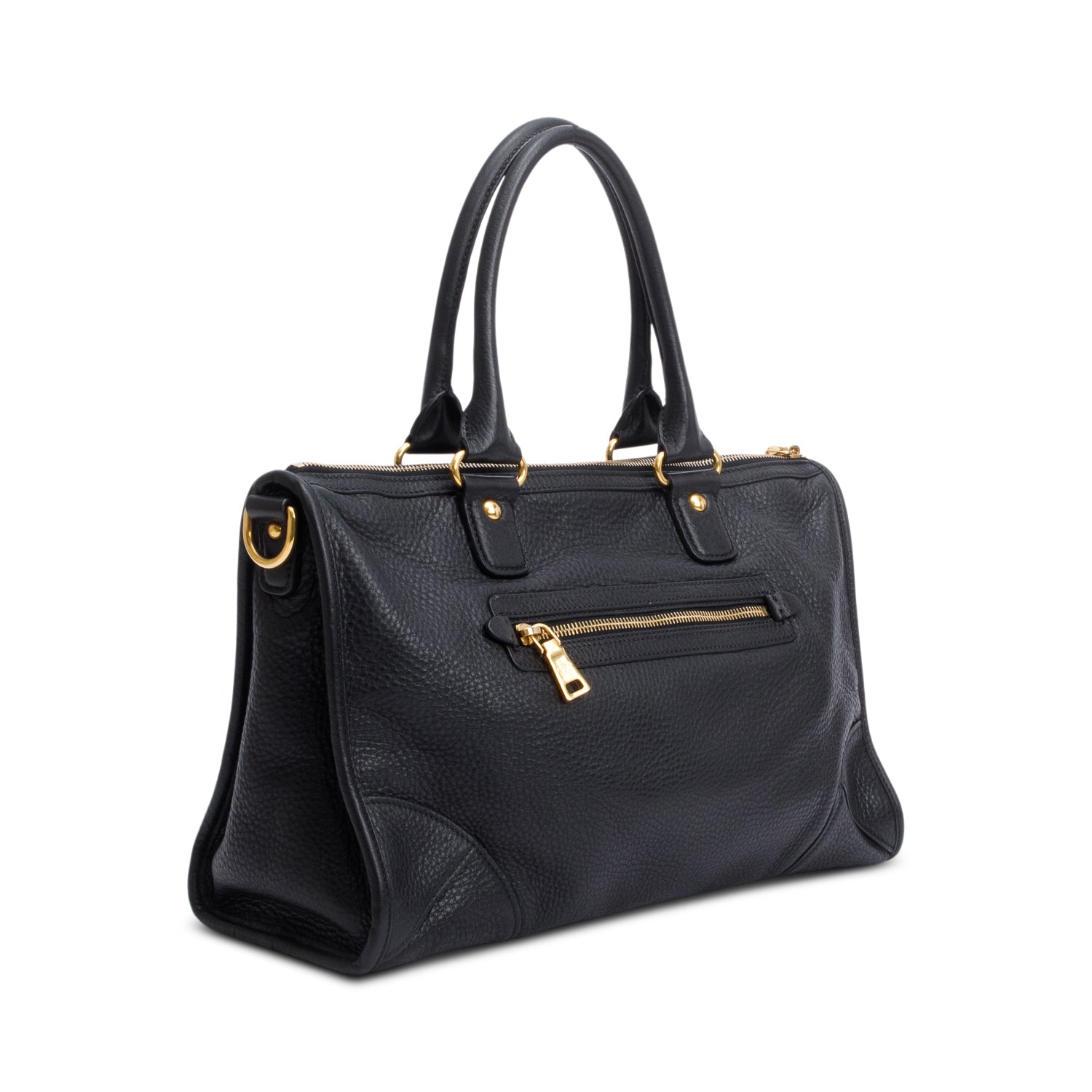 Prada Black Vitello Daino Leather Zip Convertible Tote w/ Strap