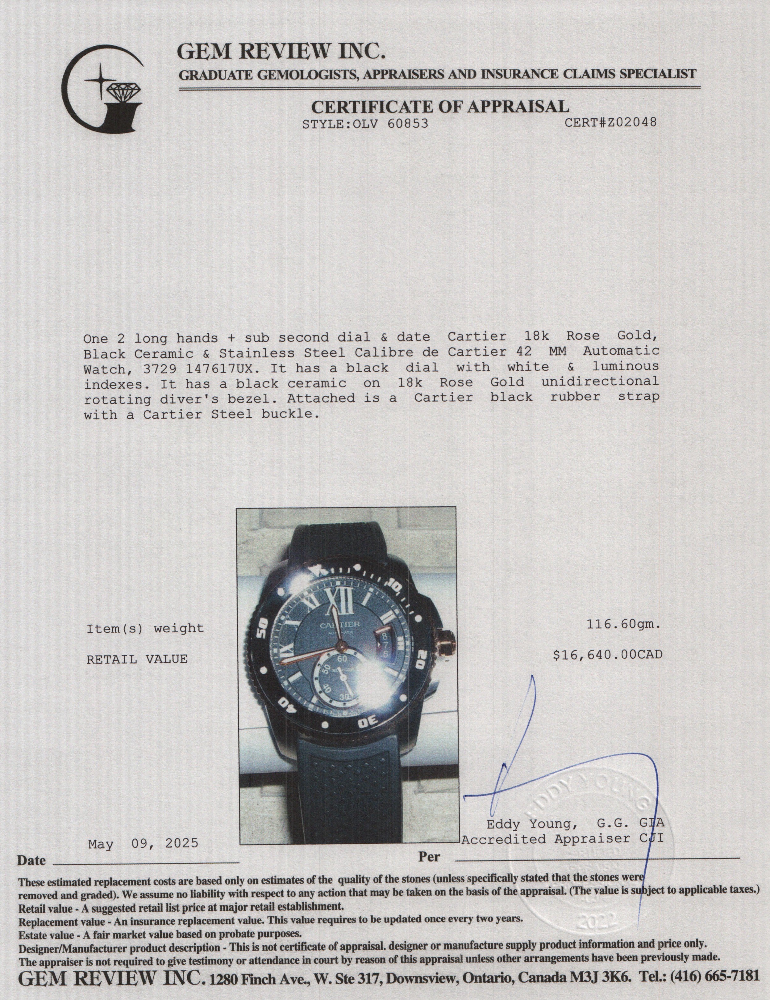 Cartier 18k Rose Gold, Black Ceramic & Stainless Steel Calibre de Cartier 42 MM Automatic Watch 3729 w/ Box