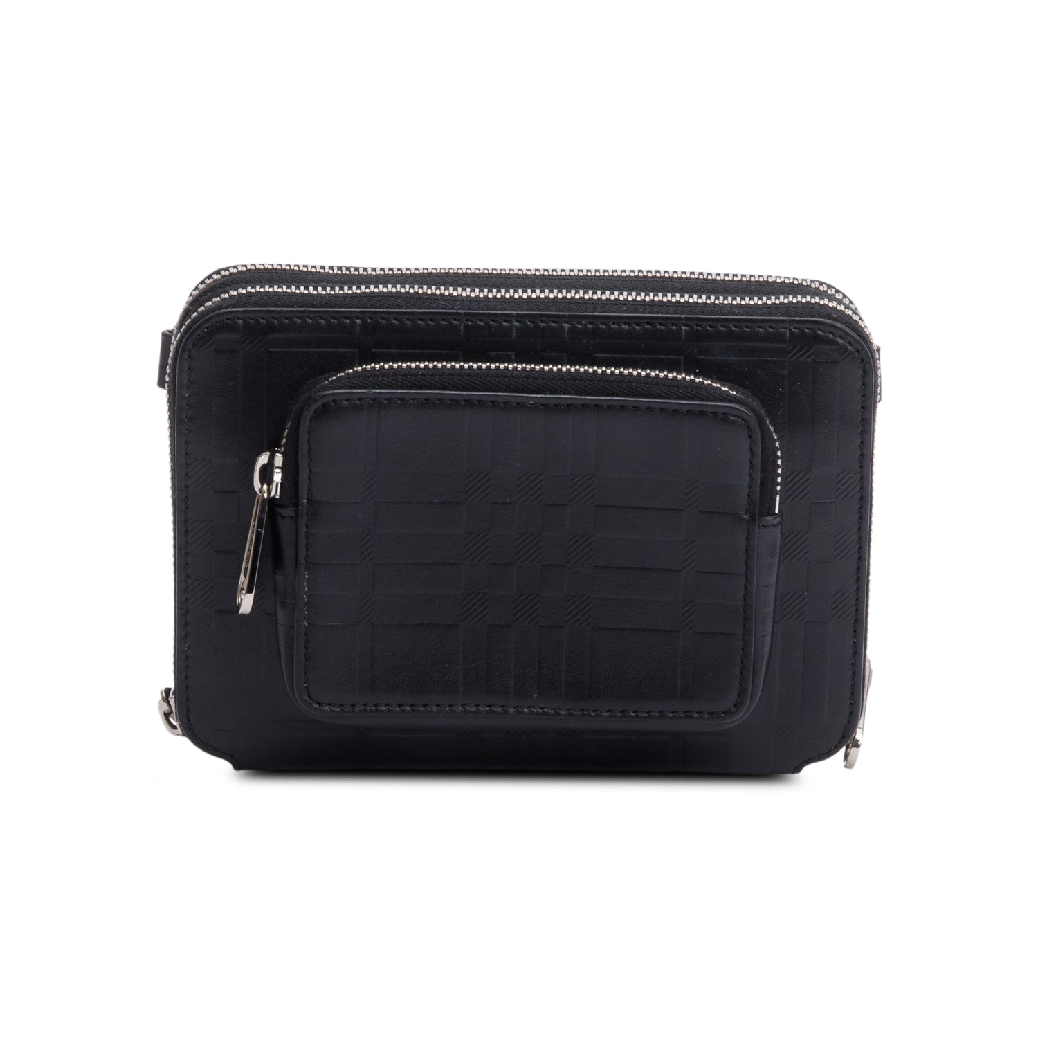 Burberry 2022 Black Check Embossed Calfskin Leather Double Zip Crossbody Bag w/ Receipt