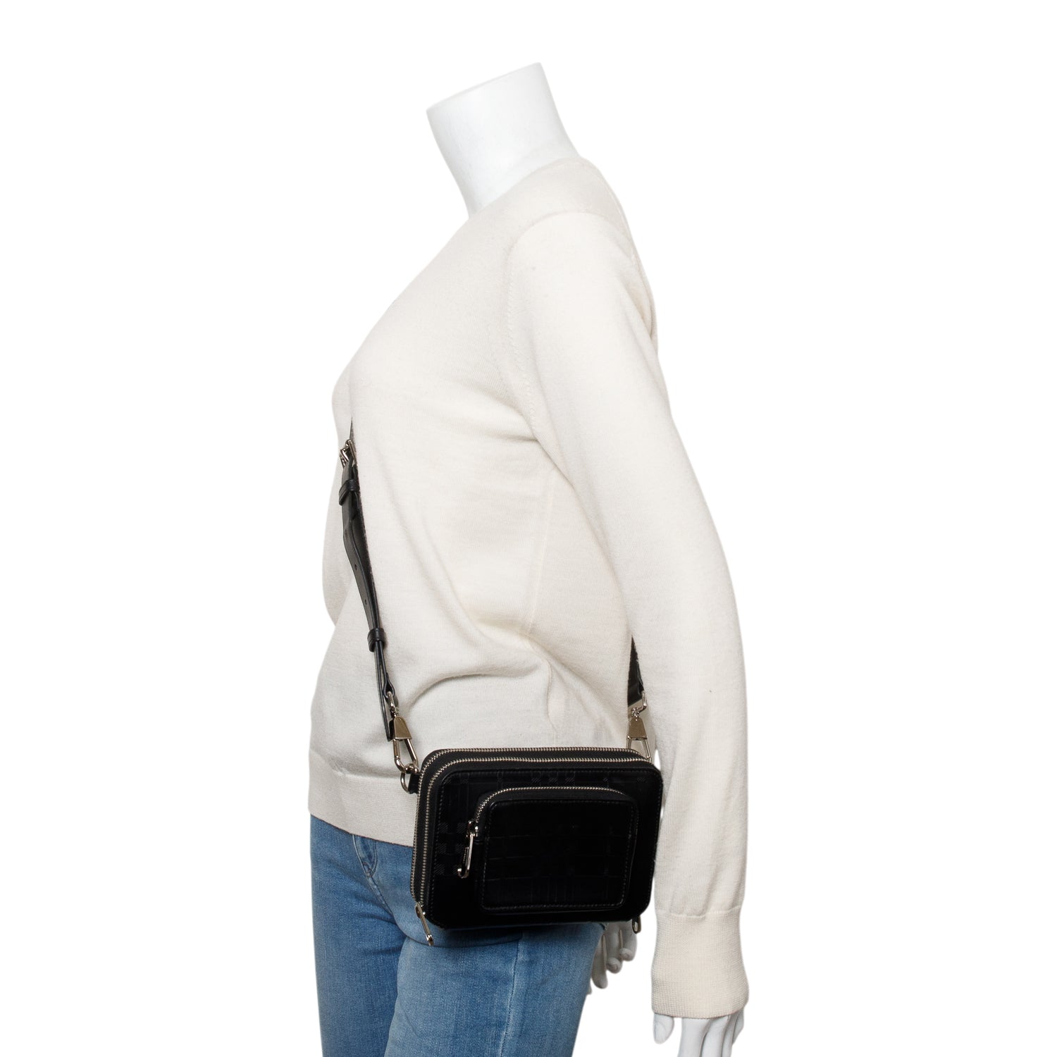 Burberry 2022 Black Check Embossed Calfskin Leather Double Zip Crossbody Bag w/ Receipt