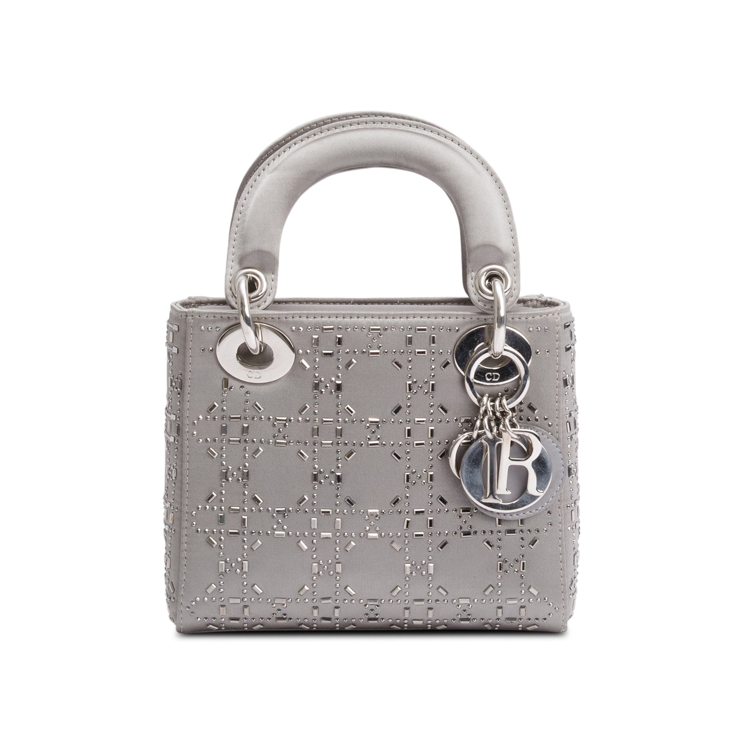 Christian Dior Grey Cannage Satin Crystal Embellished Mini Lady Dior Bag w/ Strap