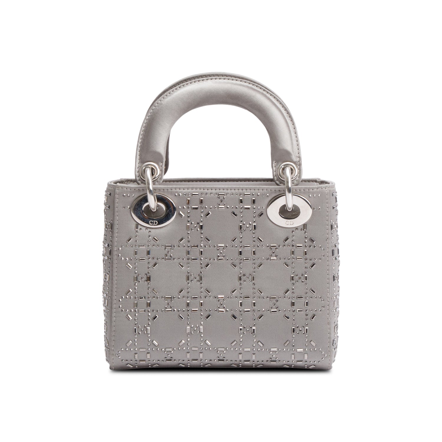 Christian Dior Grey Cannage Satin Crystal Embellished Mini Lady Dior Bag w/ Strap