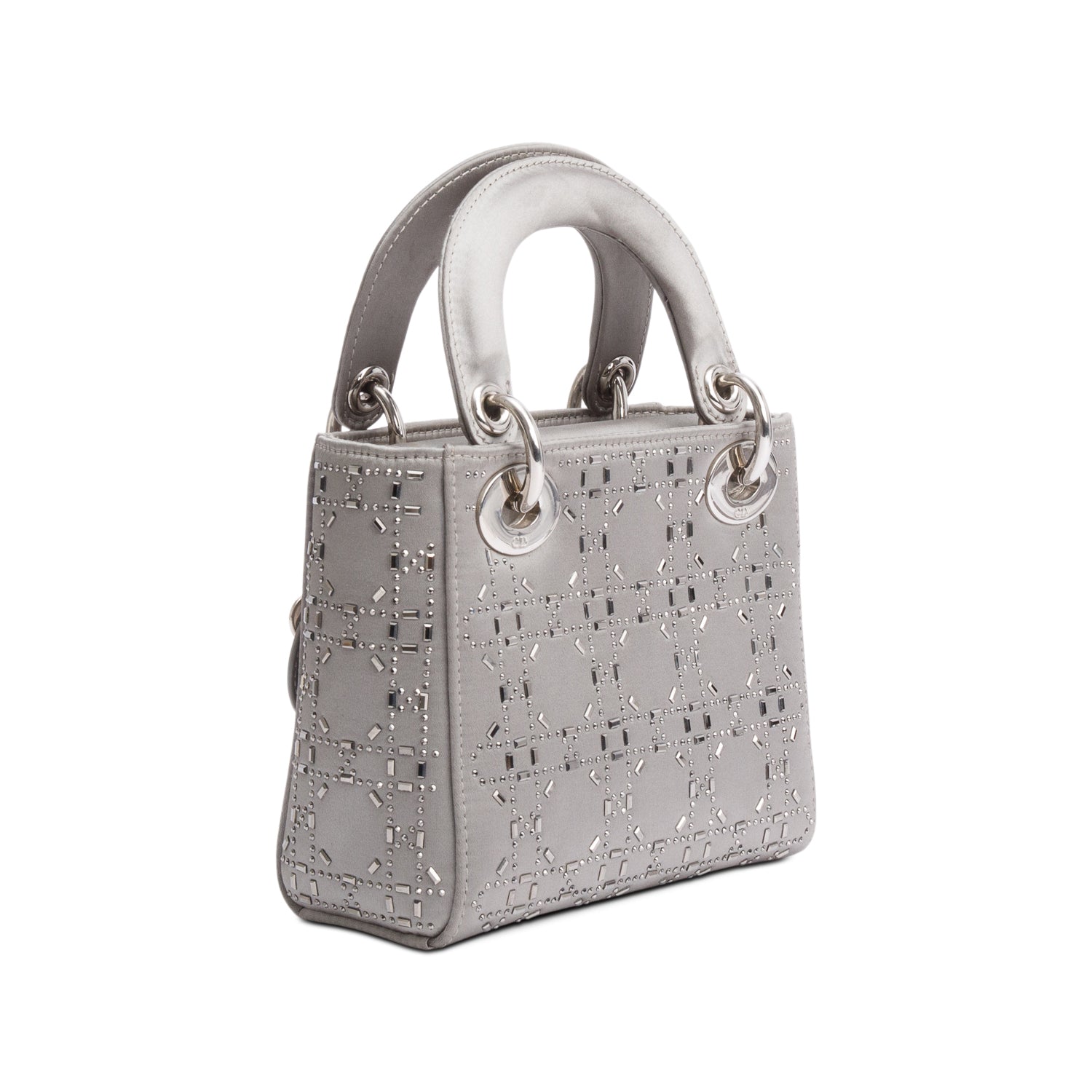 Christian Dior Grey Cannage Satin Crystal Embellished Mini Lady Dior Bag w/ Strap