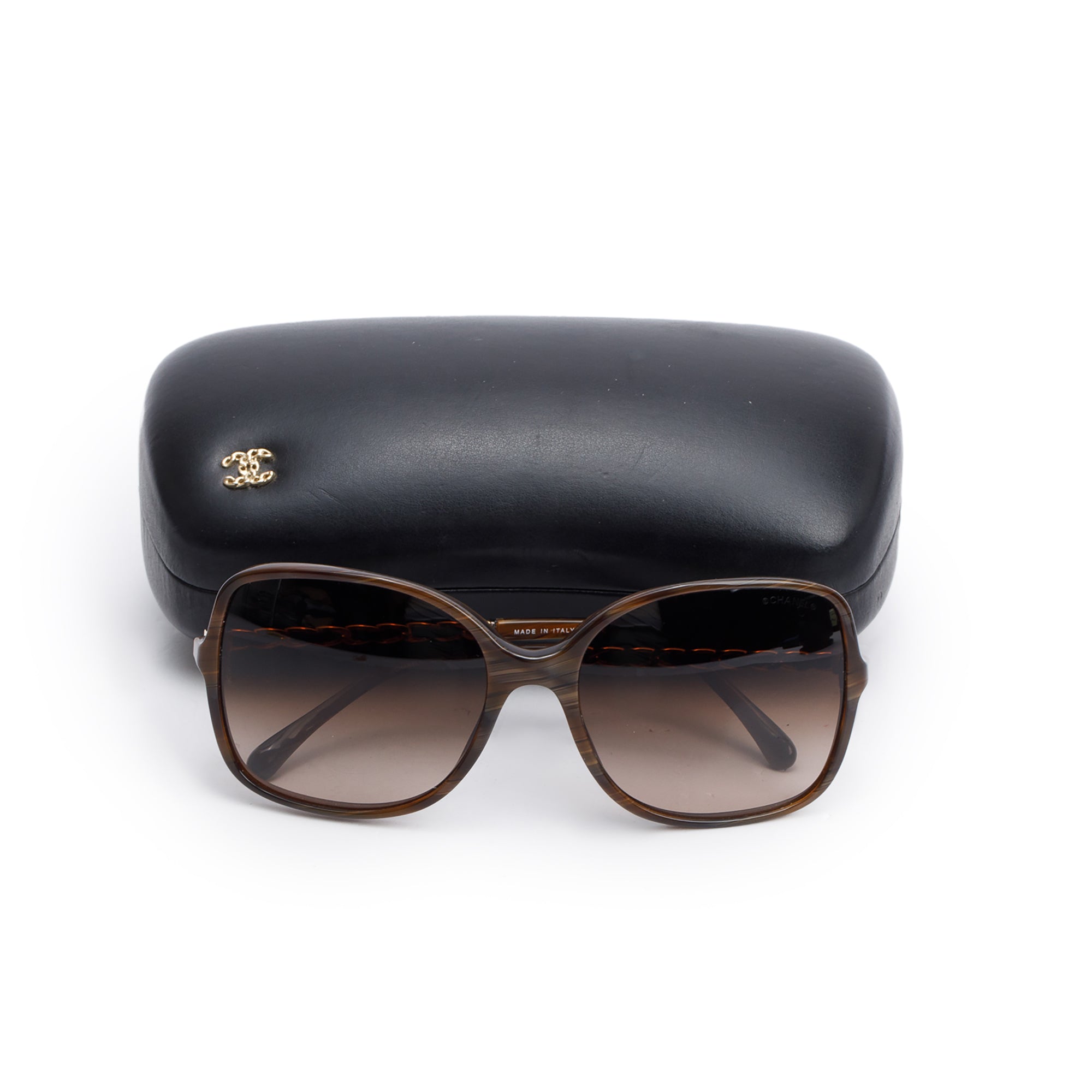 Chanel 5210-Q Chain Link Leather Interlocking CC Accent Square Sunglasses w/ Case