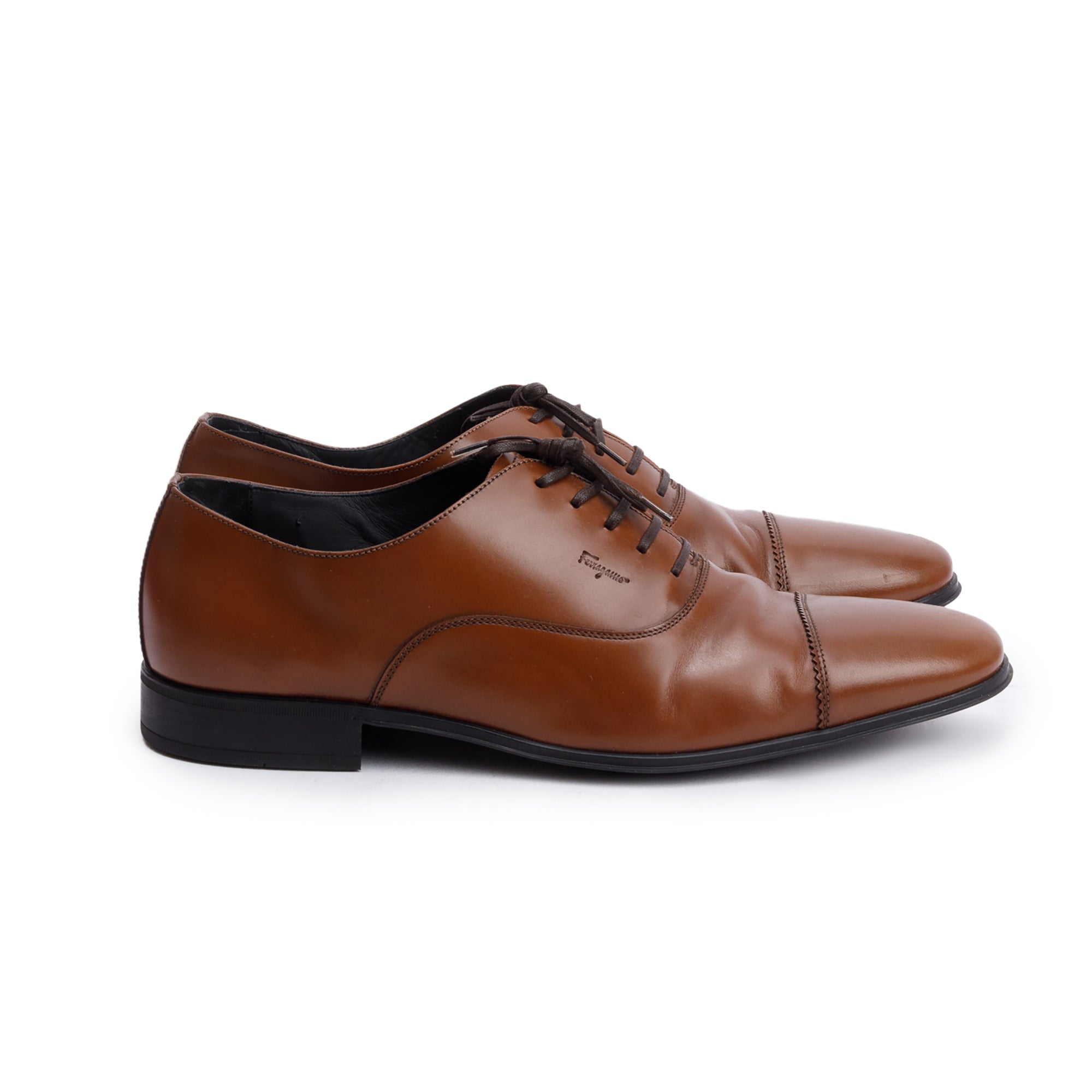 Salvatore Ferragamo Brown Leather Remigio Oxford Shoes, Size 7.5 w/ Box