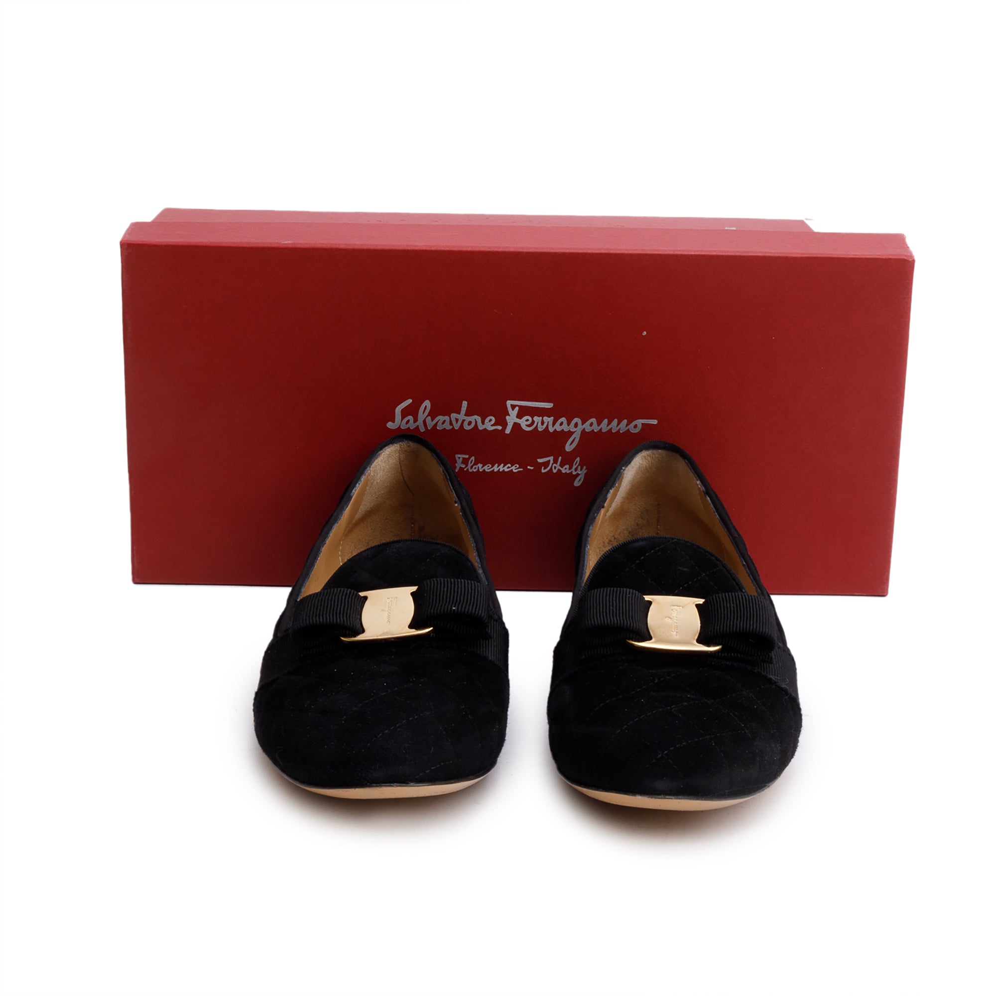 Salvatore Ferragamo Black Quilted Suede Scotty Loafers, Size 7.5 w/ Box