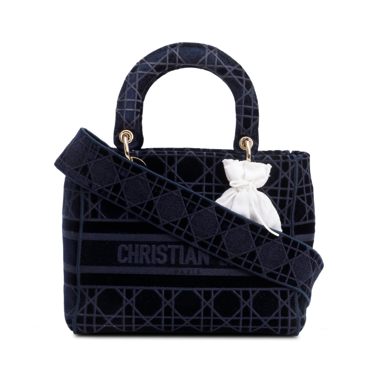 Christian Dior 2020 Navy Toile De Jouy Embroidery Medium Lady D-Lite Bag w/ Strap & Authenticity Card