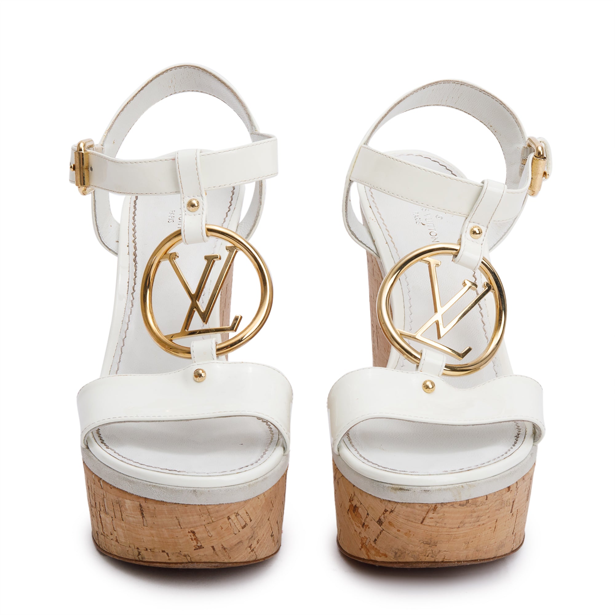 Louis Vuitton White Vernis Leather LV Logo Wedge Sandals, Size 36 w/ Box