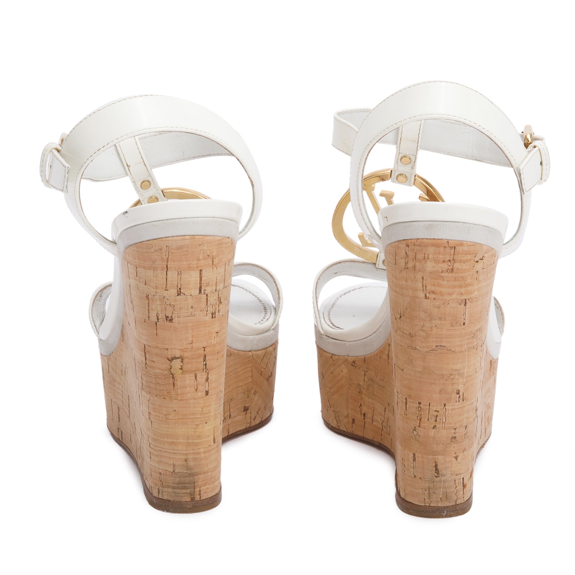 Louis Vuitton White Vernis Leather LV Logo Wedge Sandals, Size 36 w/ Box