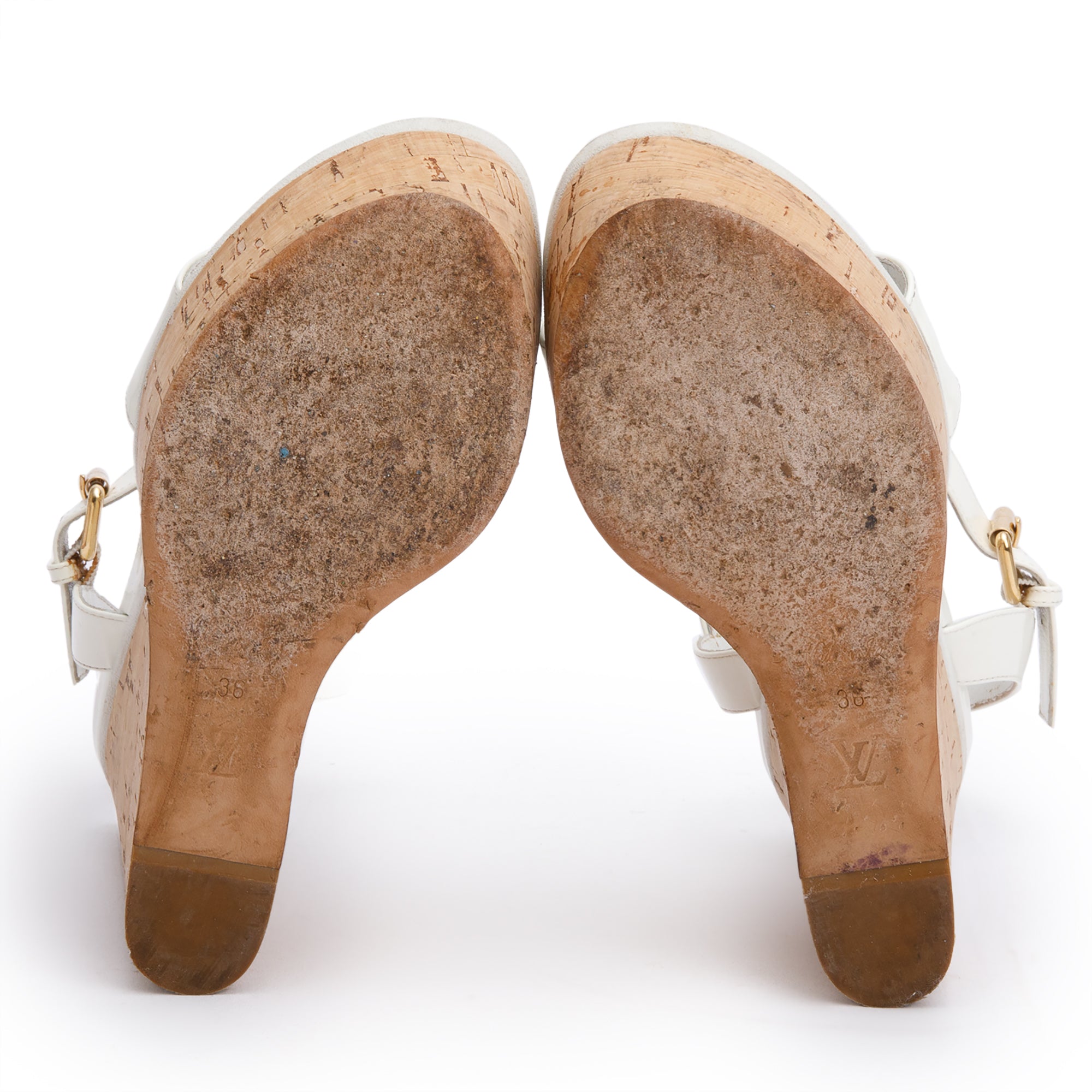 Louis Vuitton White Vernis Leather LV Logo Wedge Sandals, Size 36 w/ Box