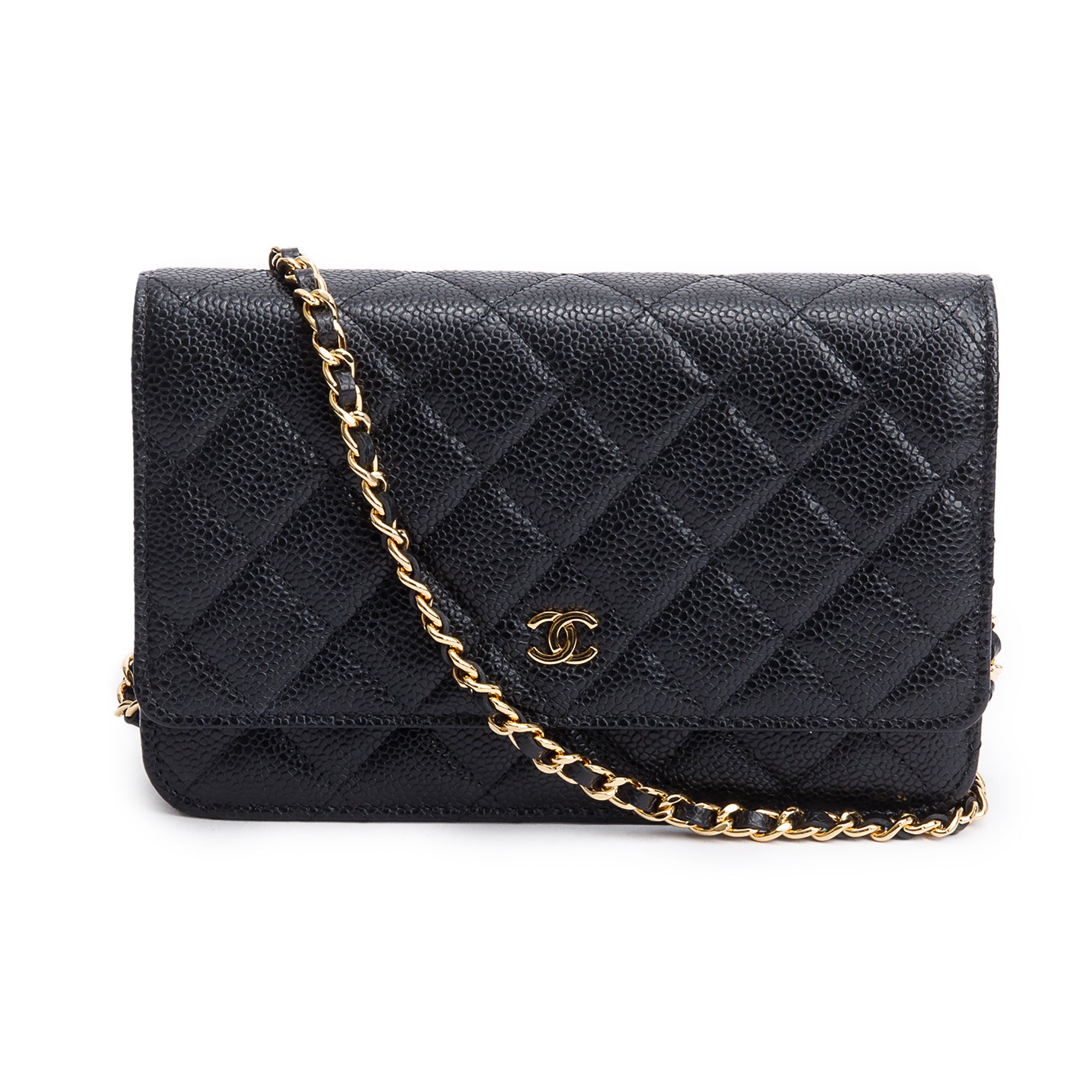 Chanel 2021 Black Quilted Caviar Leather Classic Wallet on Chain w/ Box & Receipt