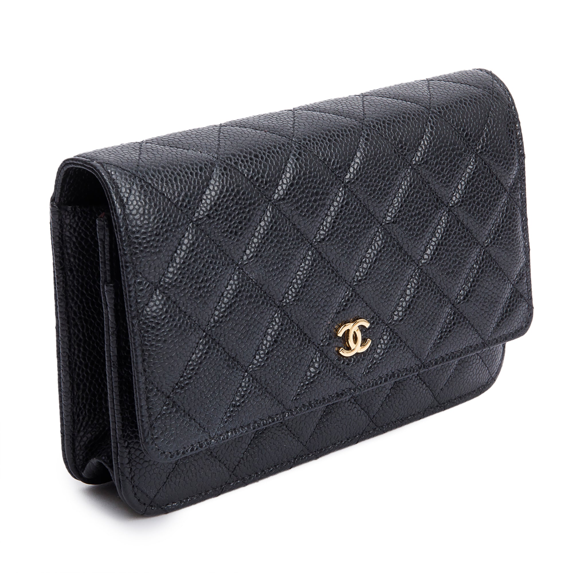 Chanel 2021 Black Quilted Caviar Leather Classic Wallet on Chain w/ Box & Receipt