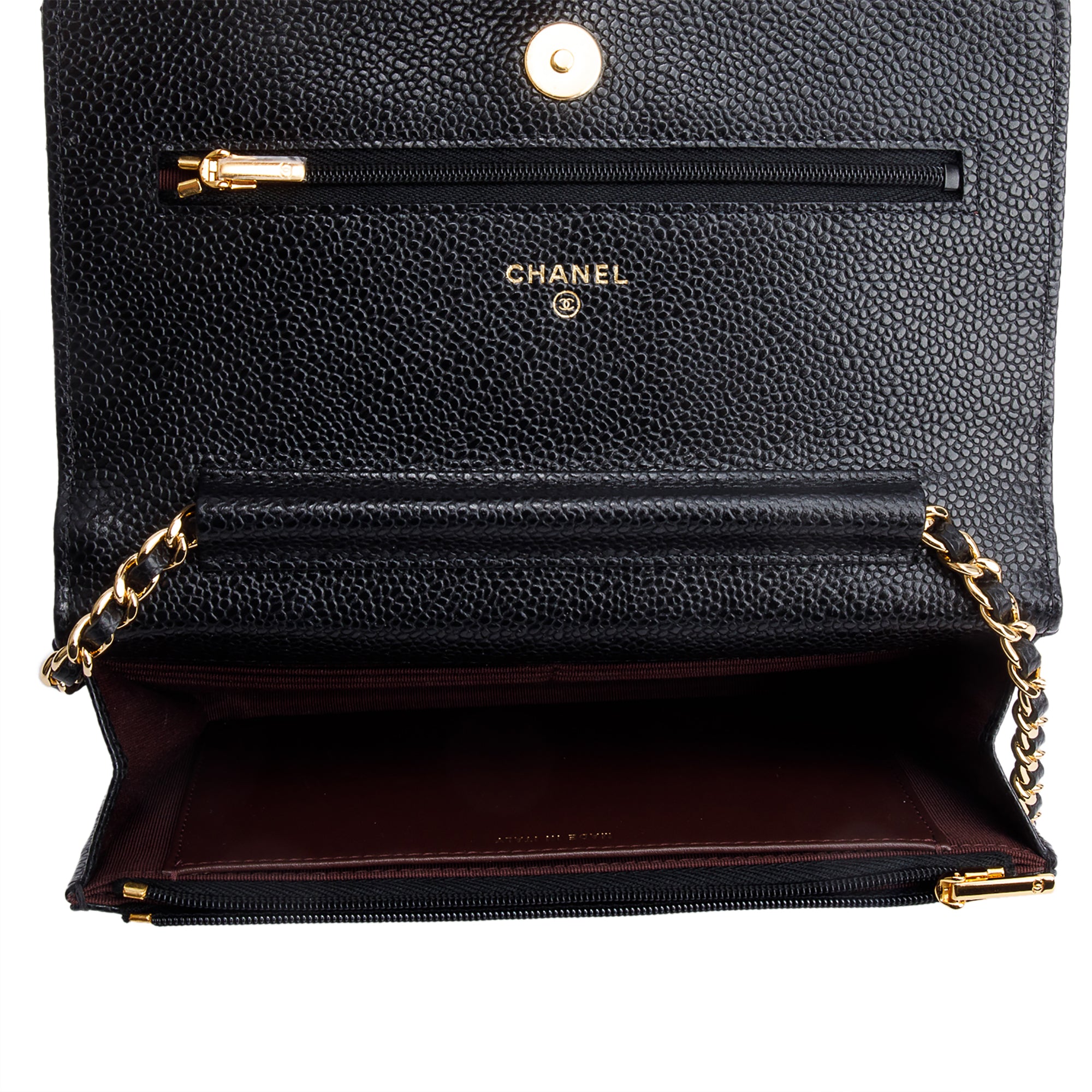 Chanel 2021 Black Quilted Caviar Leather Classic Wallet on Chain w/ Box & Receipt