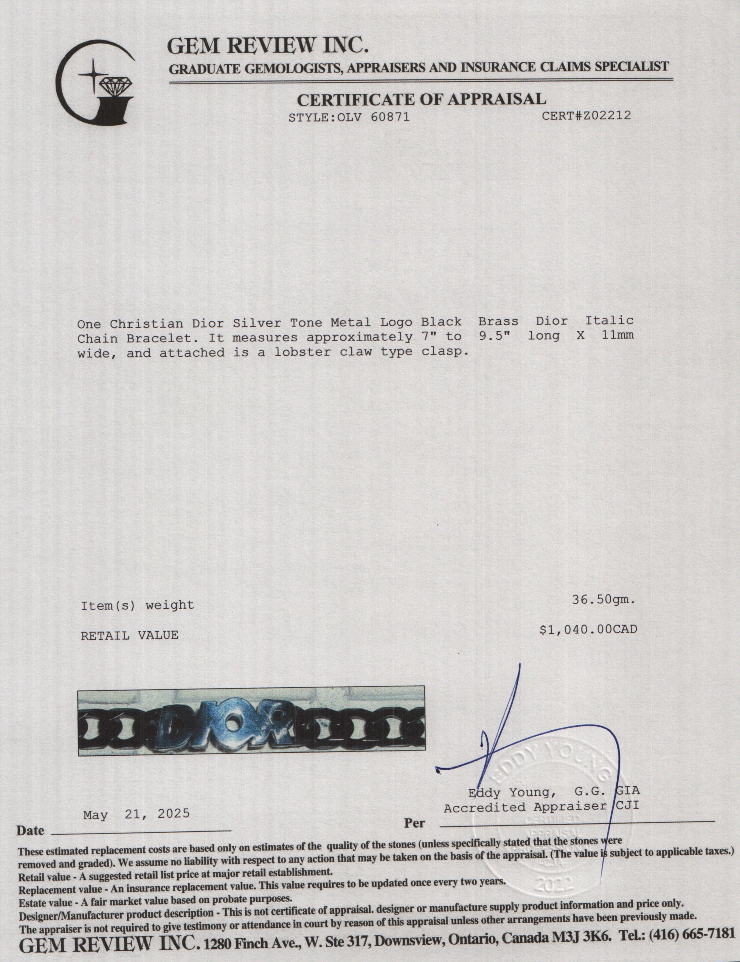 Christian Dior Silver Tone Metal Logo Black Brass Dior Italic Chain Bracelet w/ Box