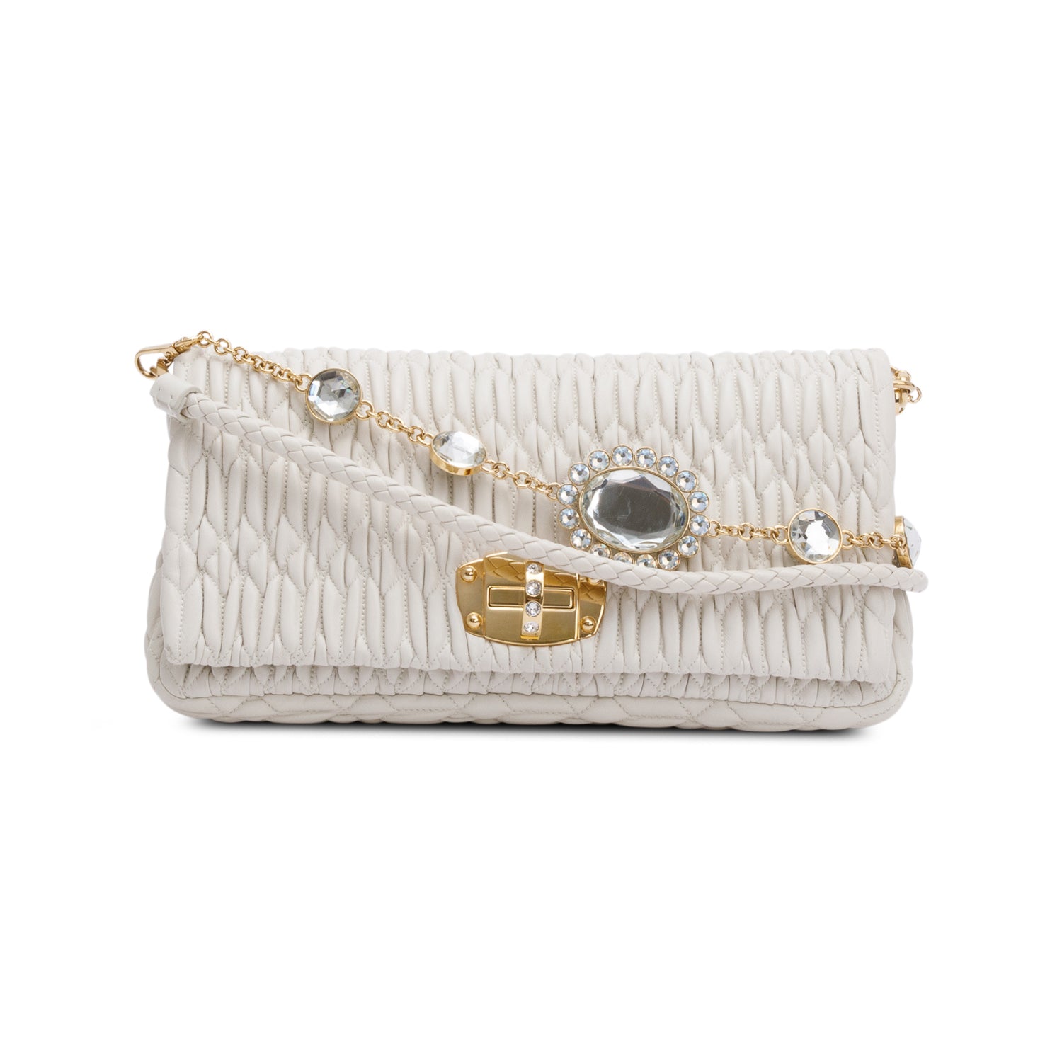 Miu Miu 2021 White Nappa Iconic Crystal Cloque Flap Shoulder Bag w/ Straps & Receipt