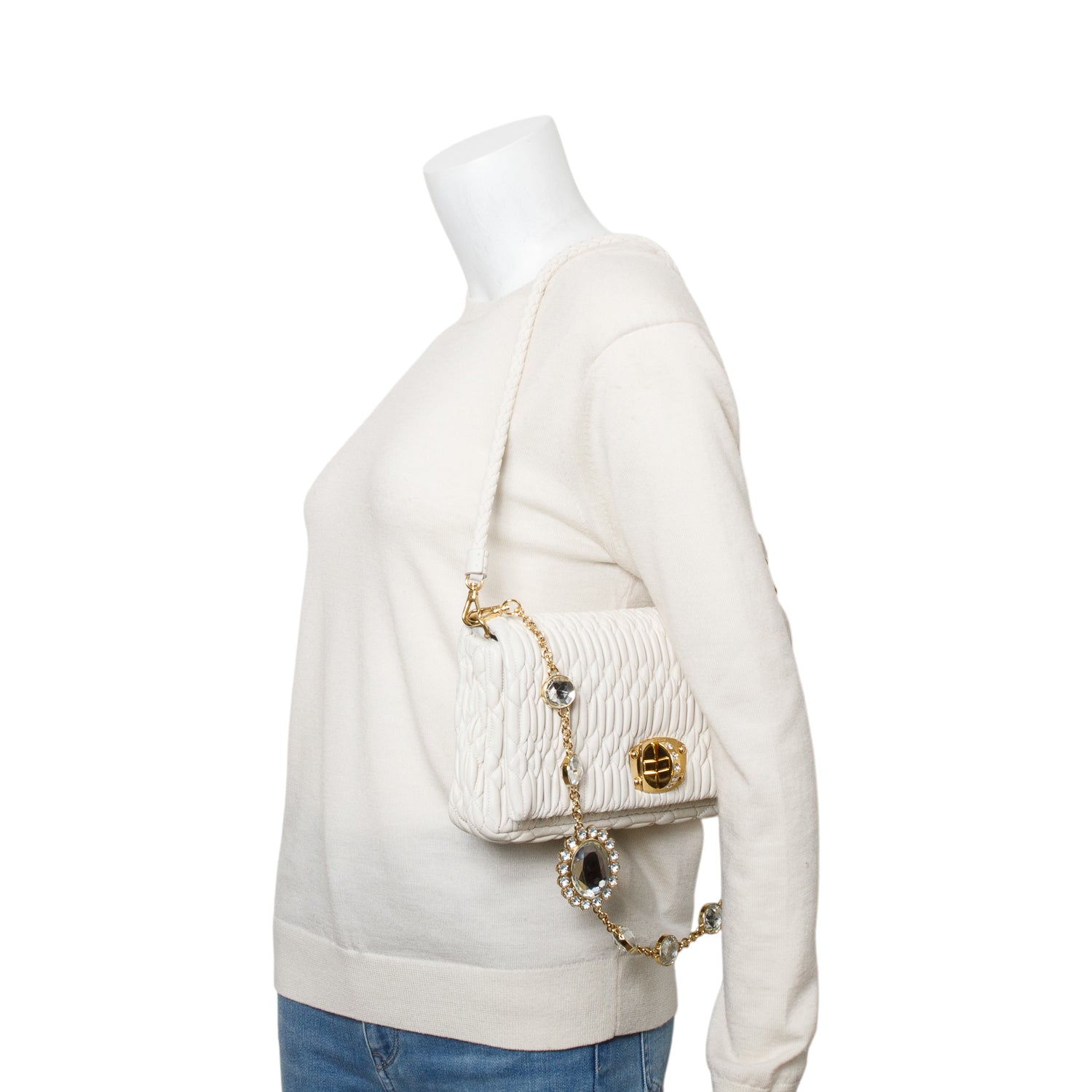 Miu Miu 2021 White Nappa Iconic Crystal Cloque Flap Shoulder Bag w/ Straps & Receipt
