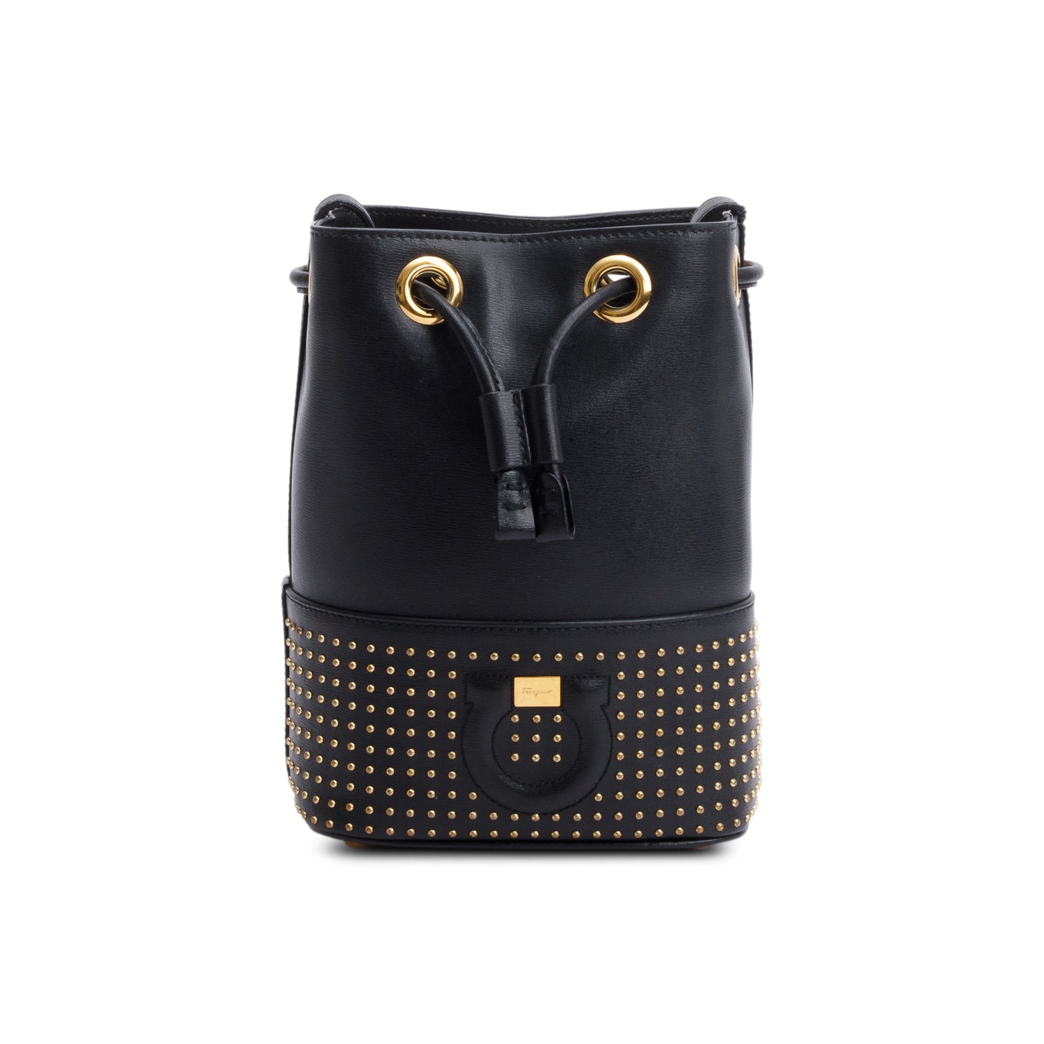 Ferragamo Black Leather Studded Bucket Crossbody Bag
