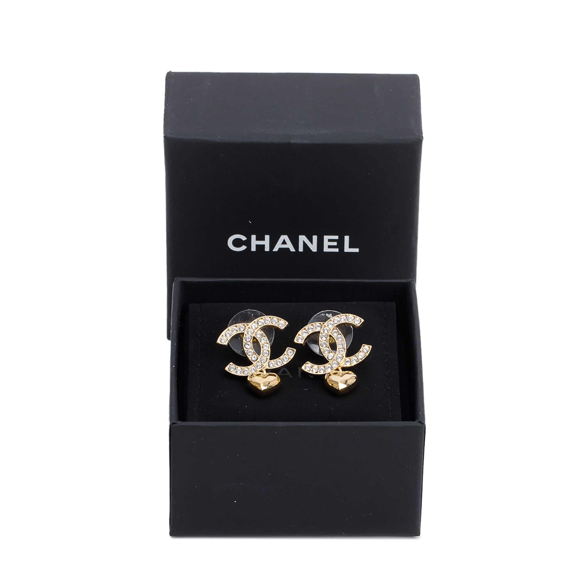 Chanel 2024 Gold Plated Strass CC Heart Drop Earrings w/ Box