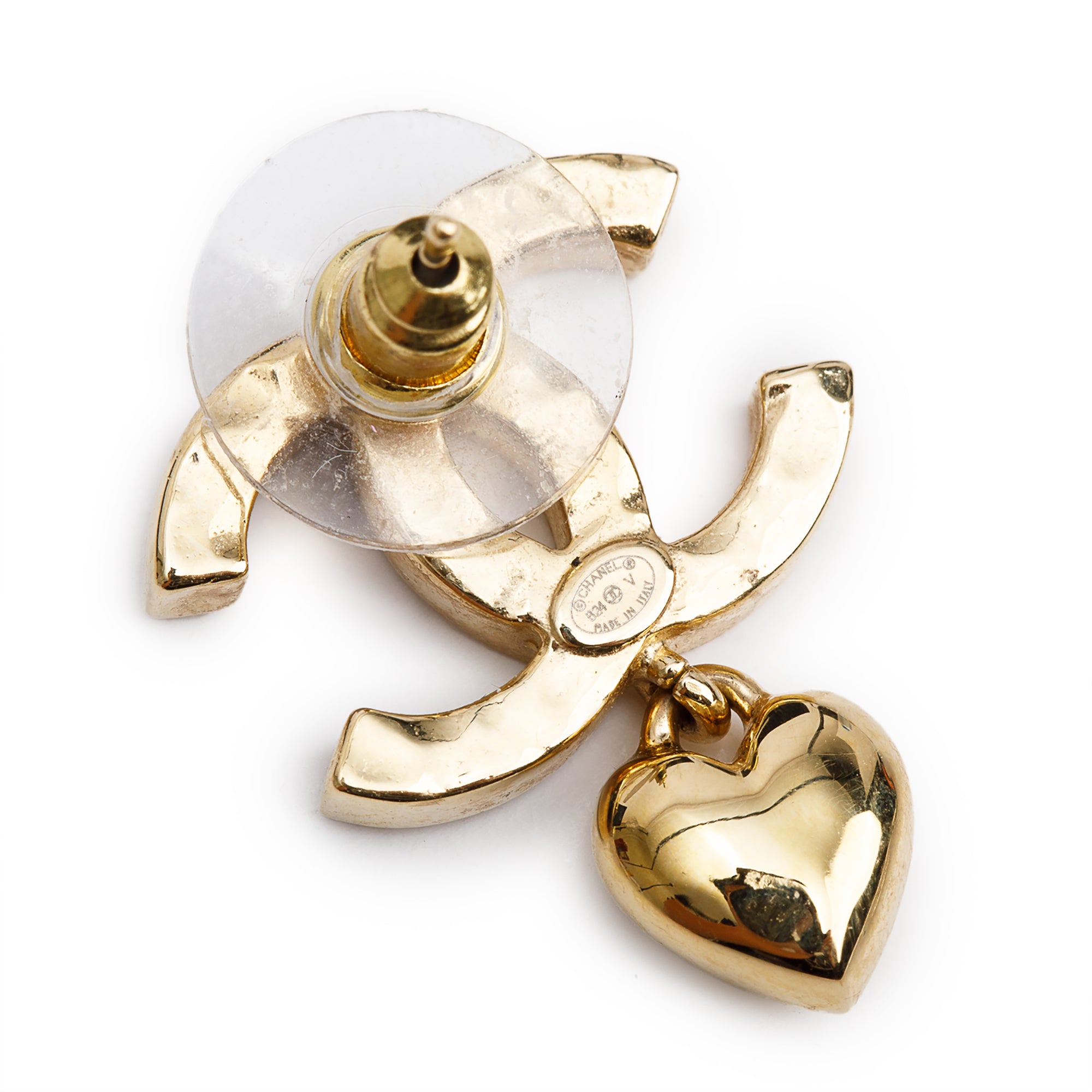 Chanel 2024 Gold Plated Strass CC Heart Drop Earrings w/ Box